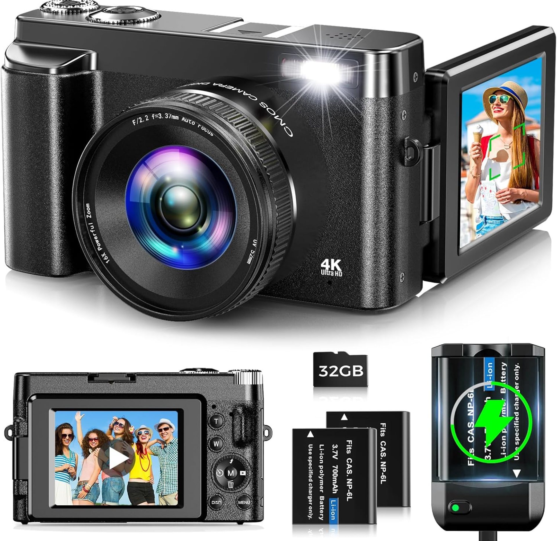 4K Digital Camera for Photography Autofocus 48MP Vlogging Camera for YouTube with 3” 180°Flip Screen 16X Digital Zoom 4K Video Compact Travel Camera with SD Card,Flash, Anti-Shake (Black) 4K Digital Camera for Photography Autofocus 48MP Vlogging Camera for YouTube with 3” 180°Flip Screen 16X Digital Zoom 4K Video Compact Travel Camera with SD Card,Flash, Anti-Shake (Black)