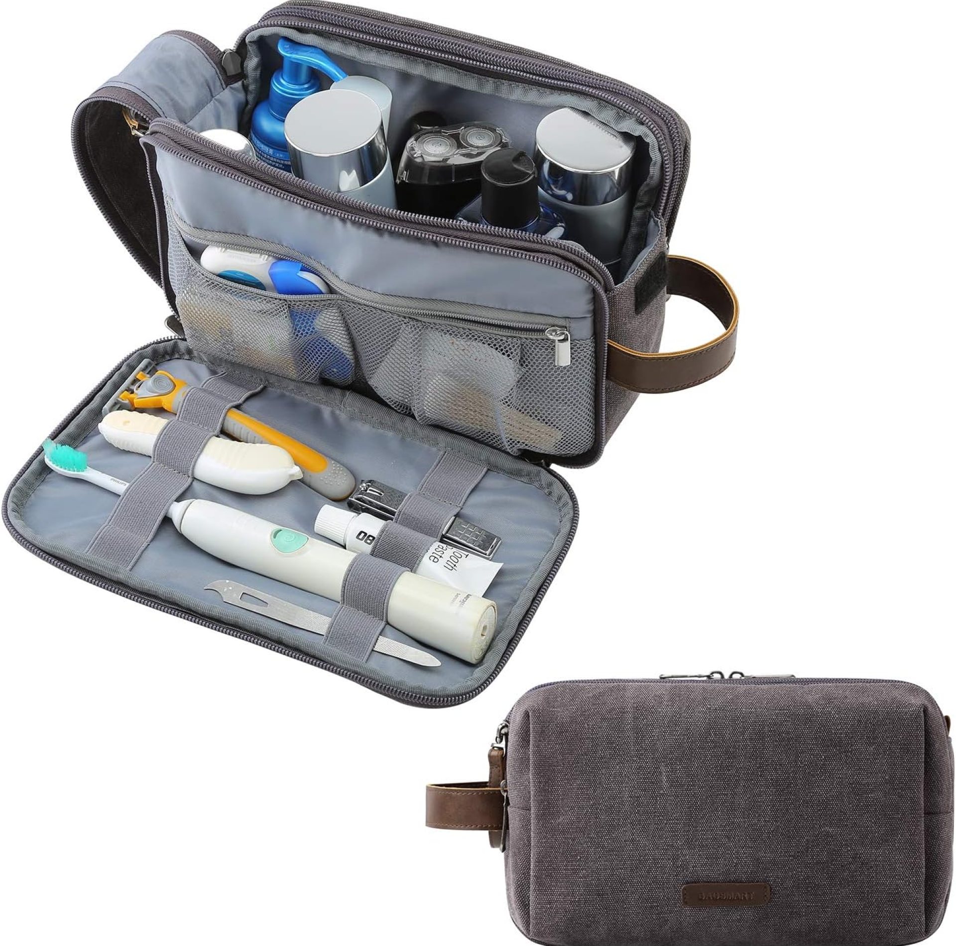 BAGSMART Toiletry Bag for Men, Canvas Travel Toiletry Organizer Dopp Kit Water-resistant Shaving Bag for Toiletries Accessories,Grey-Medium BAGSMART Toiletry Bag for Men, Canvas Travel Toiletry Organizer Dopp Kit Water-resistant Shaving Bag for Toiletries Accessories,Grey-Medium