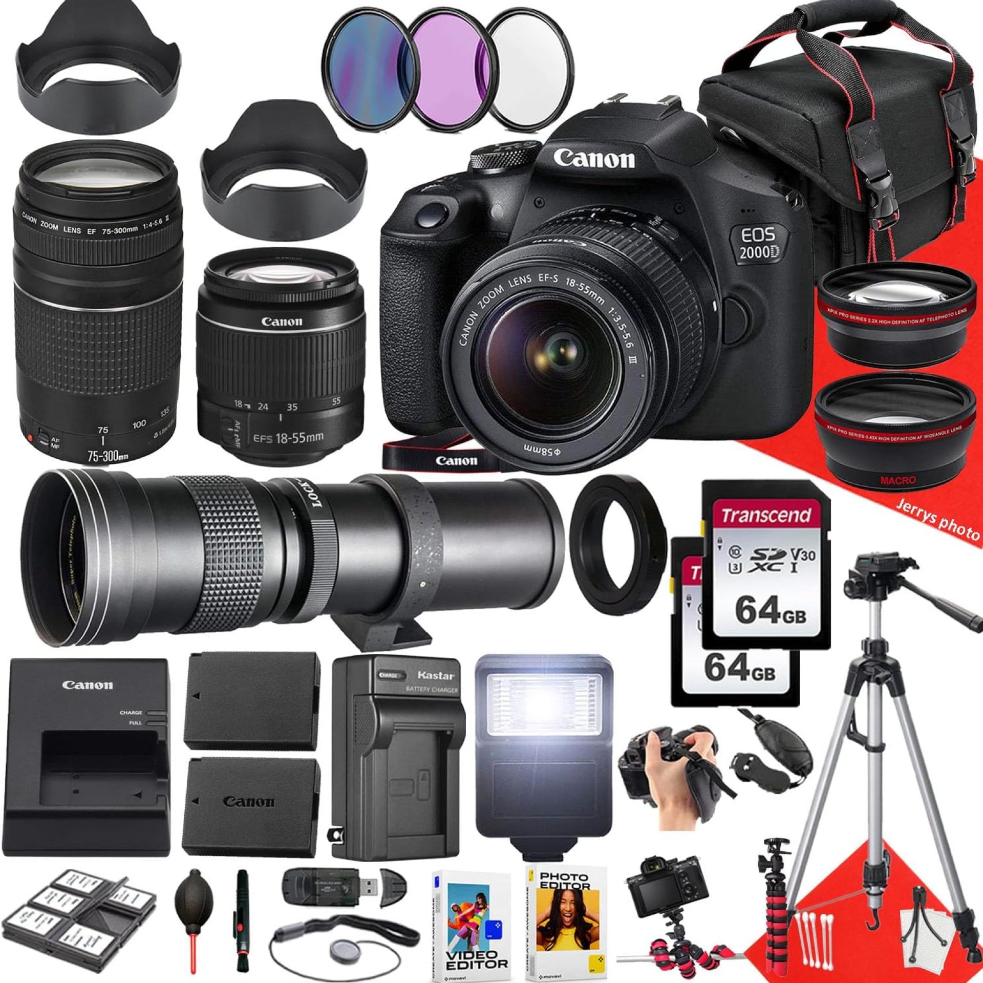 Canon EOS 2000D / Rebel T7 DSLR Camera with Canon EF-S 18-55mm F/3.5-5.6 DC III Zoom, EF 75-300mm f/4-5.6 III and 420-800mm f/8.3 HD Lens + 128 GB Memory + Filters + More (36pc Bundle) (Renewed) Canon EOS 2000D / Rebel T7 DSLR Camera with Canon EF-S 18-55mm F/3.5-5.6 DC III Zoom, EF 75-300mm f/4-5.6 III and 420-800mm f/8.3 HD Lens + 128 GB Memory + Filters + More (36pc Bundle) (Renewed)