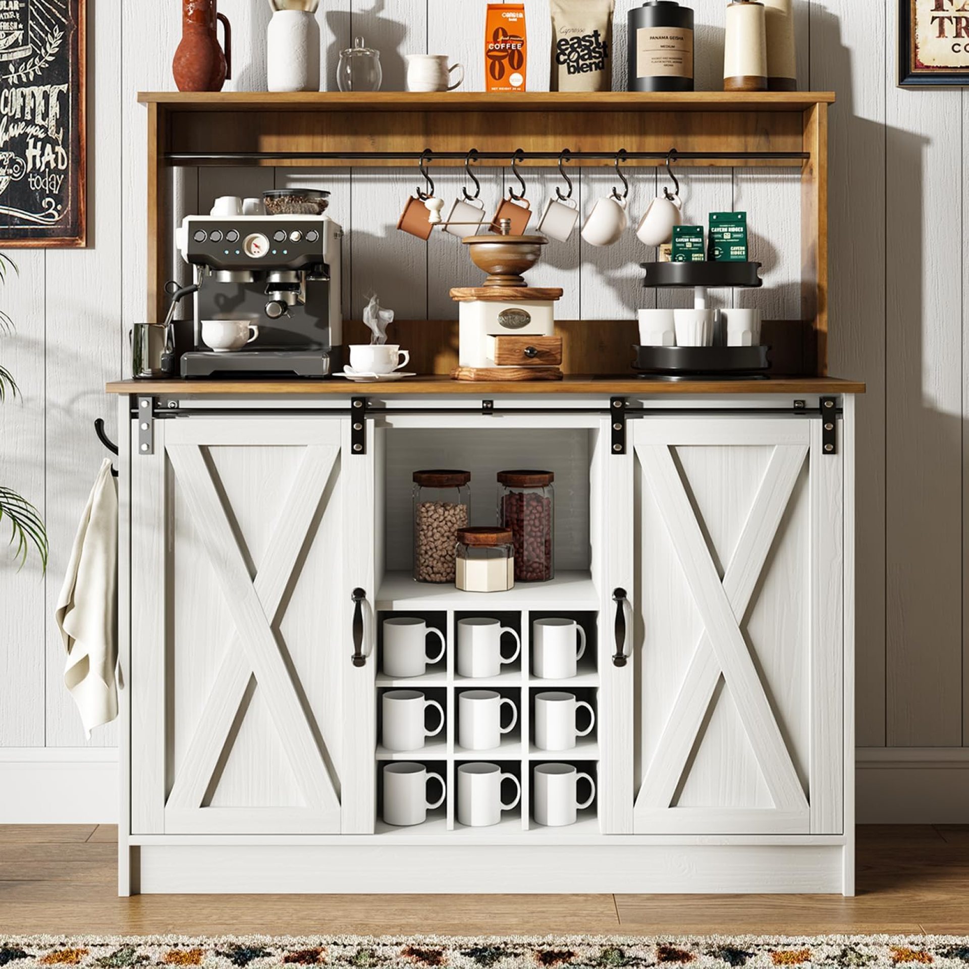 4ever2buy Farmhouse Coffee Bar Cabinet with 6 Hooks, 47” Kitchen Coffee Bar with Hutch and 9 Wink Racks, White Coffee Bar Table with Sliding Barn Door for Dining Living Room 4ever2buy Farmhouse Coffee Bar Cabinet with 6 Hooks, 47” Kitchen Coffee Bar with Hutch and 9 Wink Racks, White Coffee Bar Table with Sliding Barn Door for Dining Living Room
