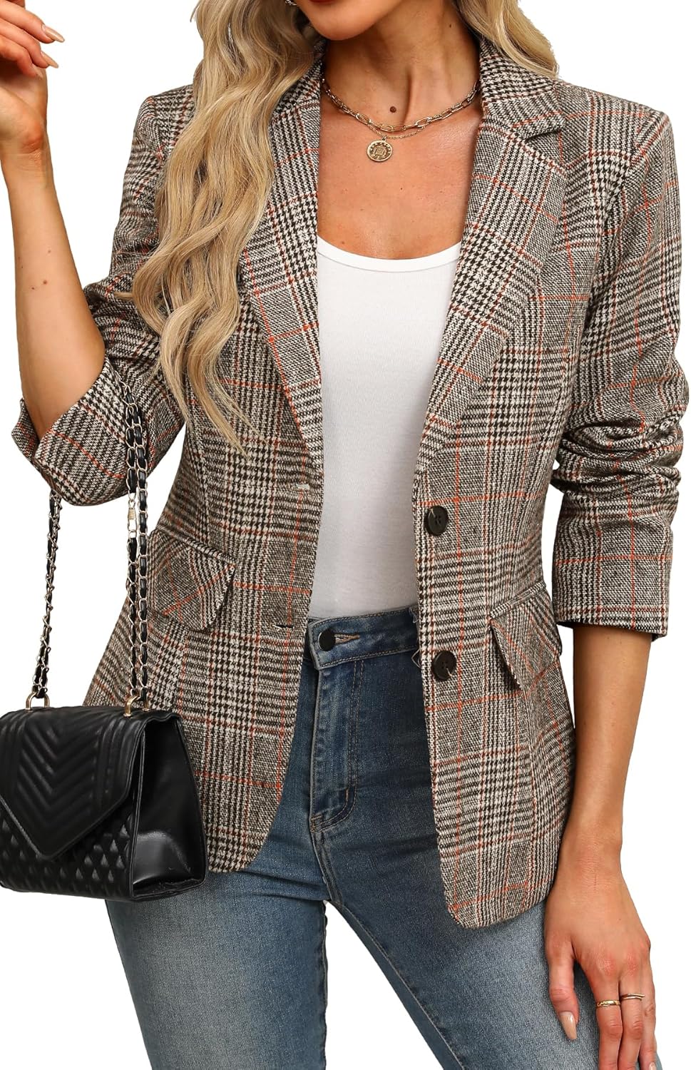 ELLEVEN Women’s Lapel Collar Plaid 2 Button Boyfriend Blazer Suit Houndstooth Work Office Blazer Jacket ELLEVEN Women’s Lapel Collar Plaid 2 Button Boyfriend Blazer Suit Houndstooth Work Office Blazer Jacket