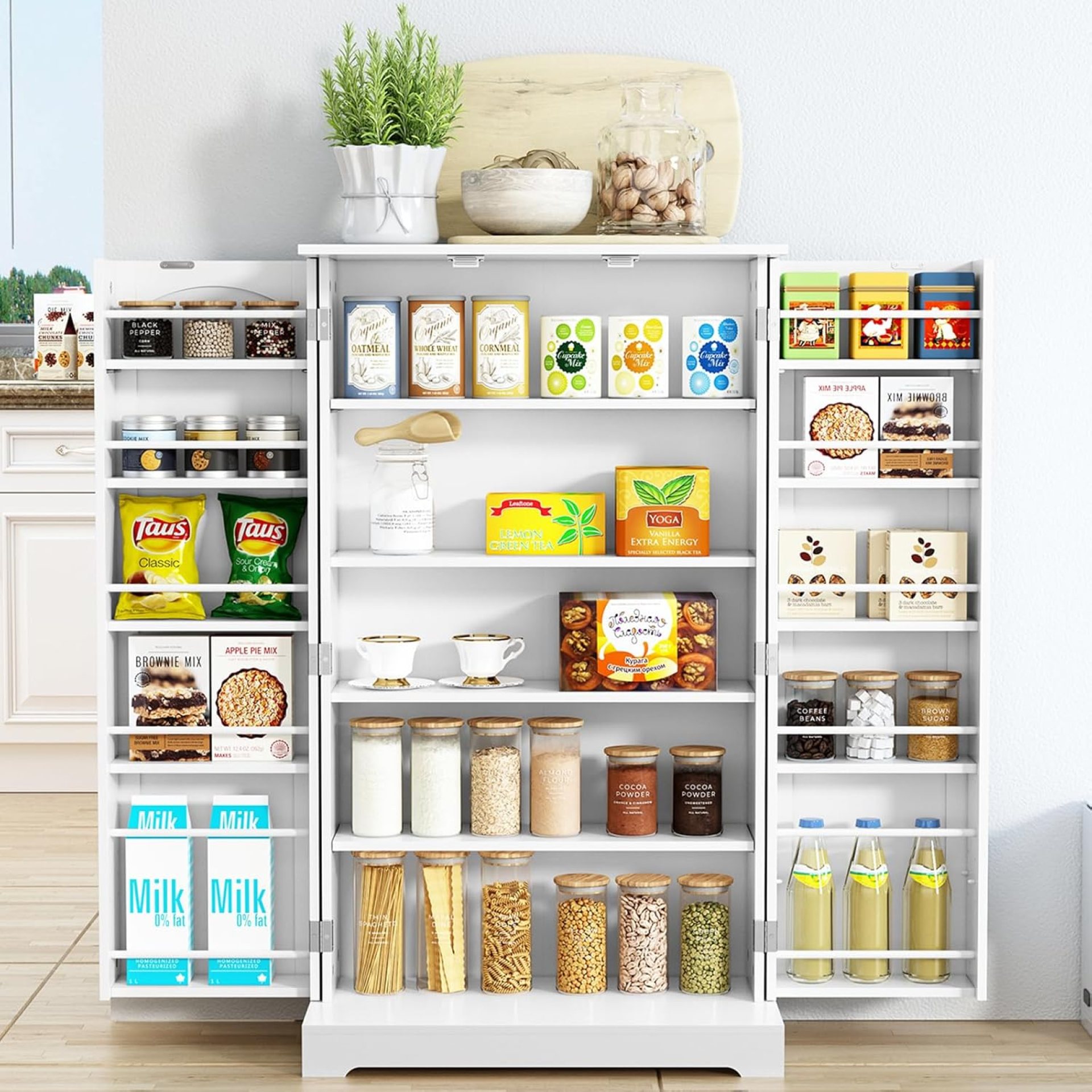 41” Freestanding Pantry Cabinet, Kitchen Pantry Storage Cabinet with Doors and Adjustable Shelves, Food Pantry for Kitchen, Dining Room, Living Room and Garage,Snow White 41” Freestanding Pantry Cabinet, Kitchen Pantry Storage Cabinet with Doors and Adjustable Shelves, Food Pantry for Kitchen, Dining Room, Living Room and Garage,Snow White