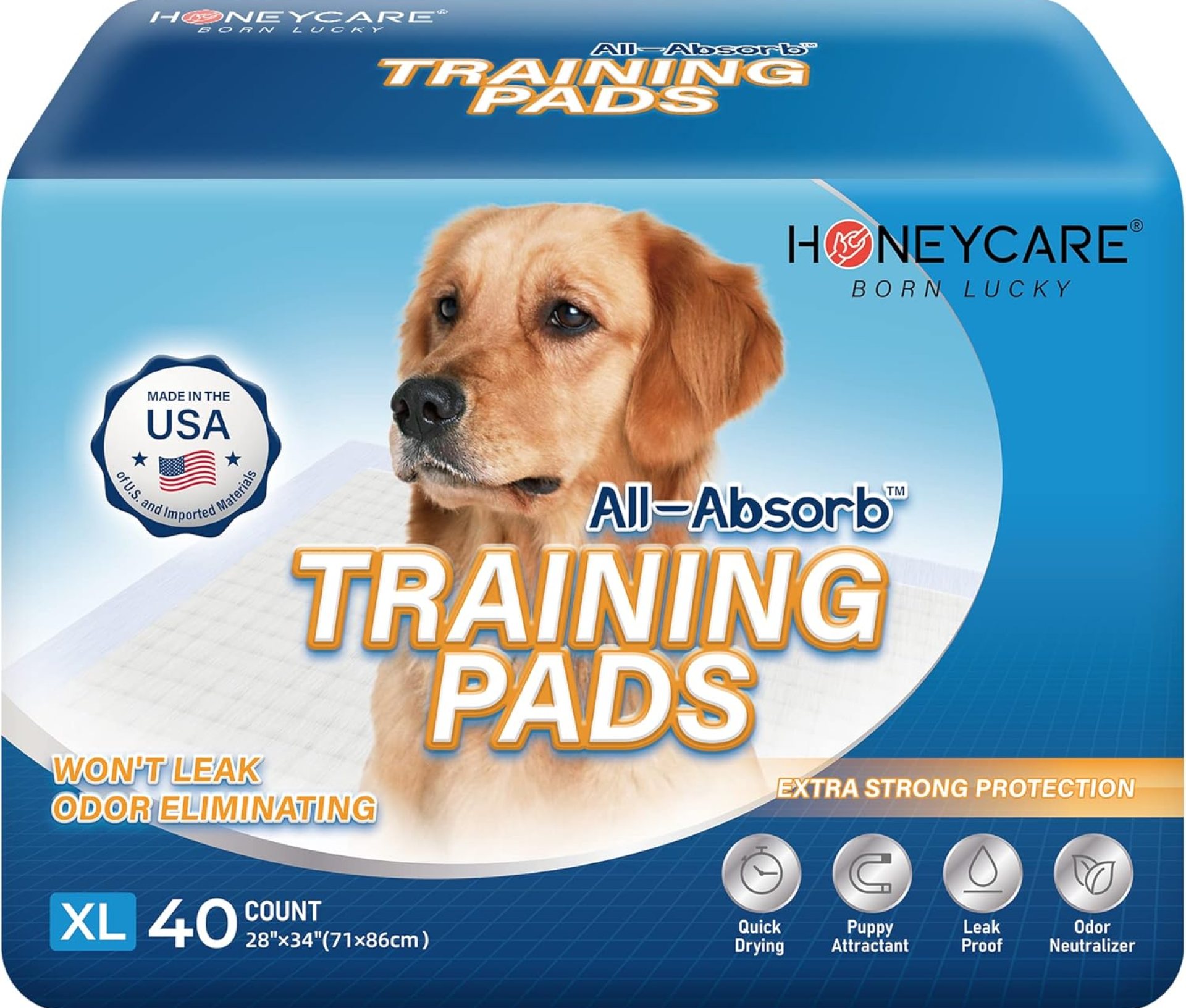 HONEY CARE All-Absorb, X-Large 28″ x 34″, 40 Count, Dog and Puppy Training Pads, Ultra Absorbent and Odor Eliminating, Leak-Proof 5-Layer Potty Training Pads with Quick-Dry Surface, Blue HONEY CARE All-Absorb, X-Large 28″ x 34″, 40 Count, Dog and Puppy Training Pads, Ultra Absorbent and Odor Eliminating, Leak-Proof 5-Layer Potty Training Pads with Quick-Dry Surface, Blue