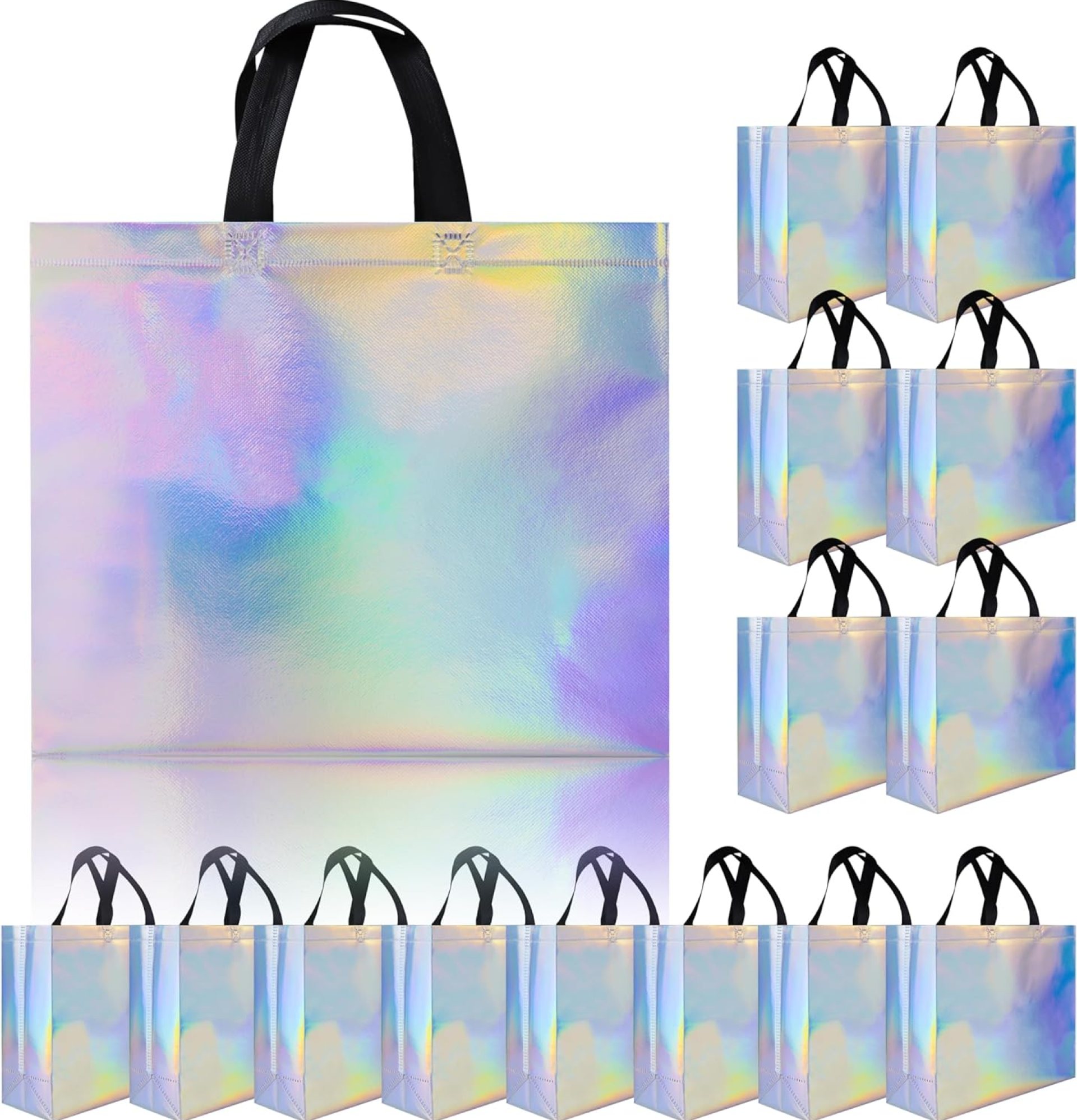 Glossy Iridescent Gift Bags 15 Pcs, 12.6×4.7×11 In Non-woven Reusable Goodie Bags Bulk, with Black Handles & Sturdy Base, Christmas Gift Bags for Birthday, Wedding, Easter, Holiday Party Glossy Iridescent Gift Bags 15 Pcs, 12.6×4.7×11 In Non-woven Reusable Goodie Bags Bulk, with Black Handles & Sturdy Base, Christmas Gift Bags for Birthday, Wedding, Easter, Holiday Party