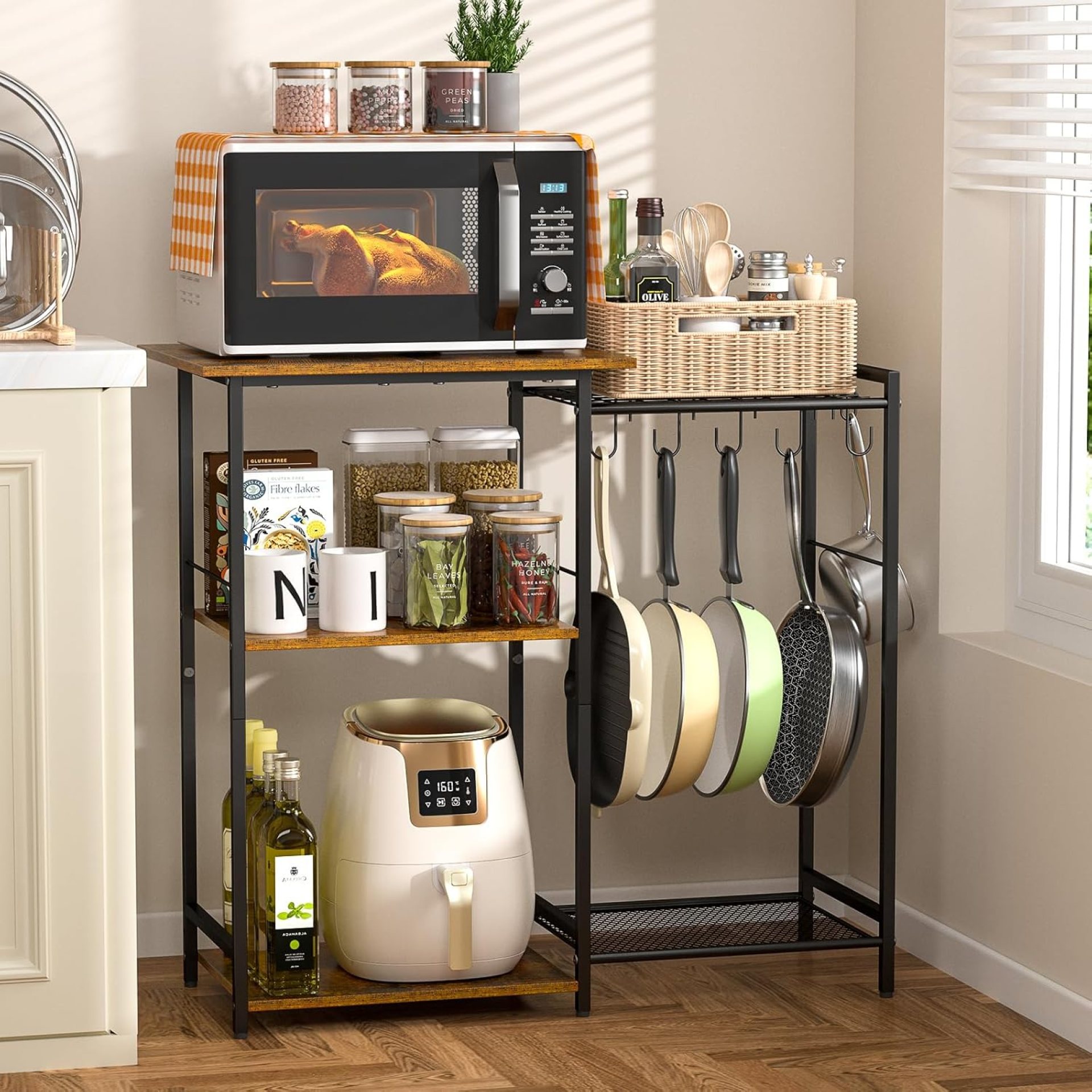 Kitchen Stand with Pots Rack, Utility Microwave Oven Stand with Storage, 5 Tiers Coffee Bar Table, Small Kitchen Bakers Rack with 6 S Hooks, Kitchen Storage Shelf Rack for Spices, Pots, Rustic Brown Kitchen Stand with Pots Rack, Utility Microwave Oven Stand with Storage, 5 Tiers Coffee Bar Table, Small Kitchen Bakers Rack with 6 S Hooks, Kitchen Storage Shelf Rack for Spices, Pots, Rustic Brown