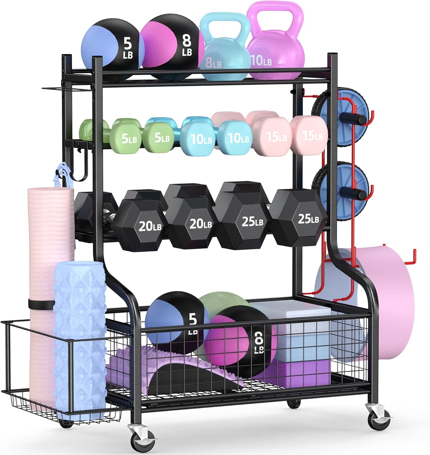 PLKOW Dumbbell Rack, Weight Rack for Dumbbells, Home Gym Storage for Dumbbells Kettlebells Yoga Mat and Balls, All in One Workout Storage with Wheels and Hooks, Powder Coated Finish Steel PLKOW Dumbbell Rack, Weight Rack for Dumbbells, Home Gym Storage for Dumbbells Kettlebells Yoga Mat and Balls, All in One Workout Storage with Wheels and Hooks, Powder Coated Finish Steel