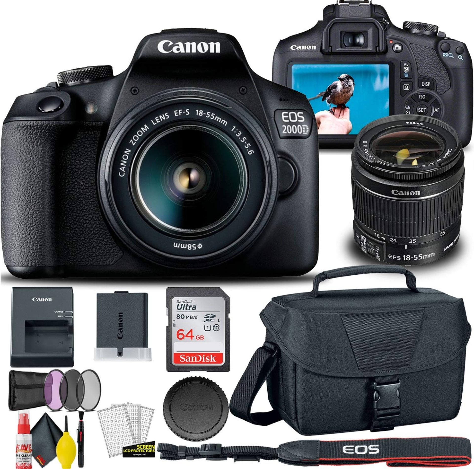 Canon EOS 2000D / Rebel T7 DSLR Camera with 18-55mm Lens + Creative Filter Set, EOS Camera Bag + Sandisk Ultra 64GB Card + Electronics Cleaning Set, and More (International Model) (Renewed) Canon EOS 2000D / Rebel T7 DSLR Camera with 18-55mm Lens + Creative Filter Set, EOS Camera Bag + Sandisk Ultra 64GB Card + Electronics Cleaning Set, and More (International Model) (Renewed)