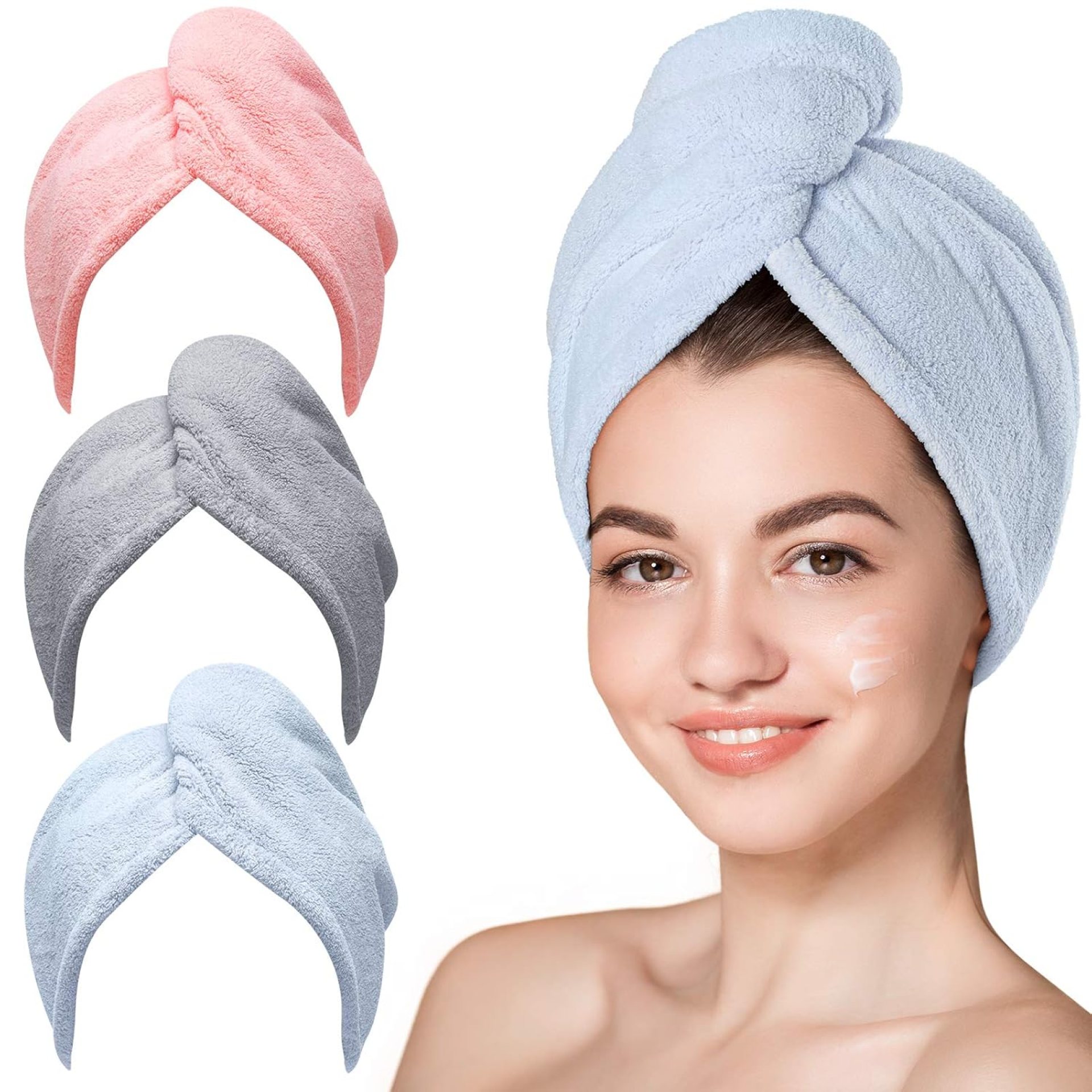 Hicober Microfiber Hair Towel, 3 Packs Hair Turbans for Wet Hair, Drying Hair Wrap Towels for Curly Hair Women Anti Frizz (Blue,Grey,Pink) Hicober Microfiber Hair Towel, 3 Packs Hair Turbans for Wet Hair, Drying Hair Wrap Towels for Curly Hair Women Anti Frizz (Blue,Grey,Pink)