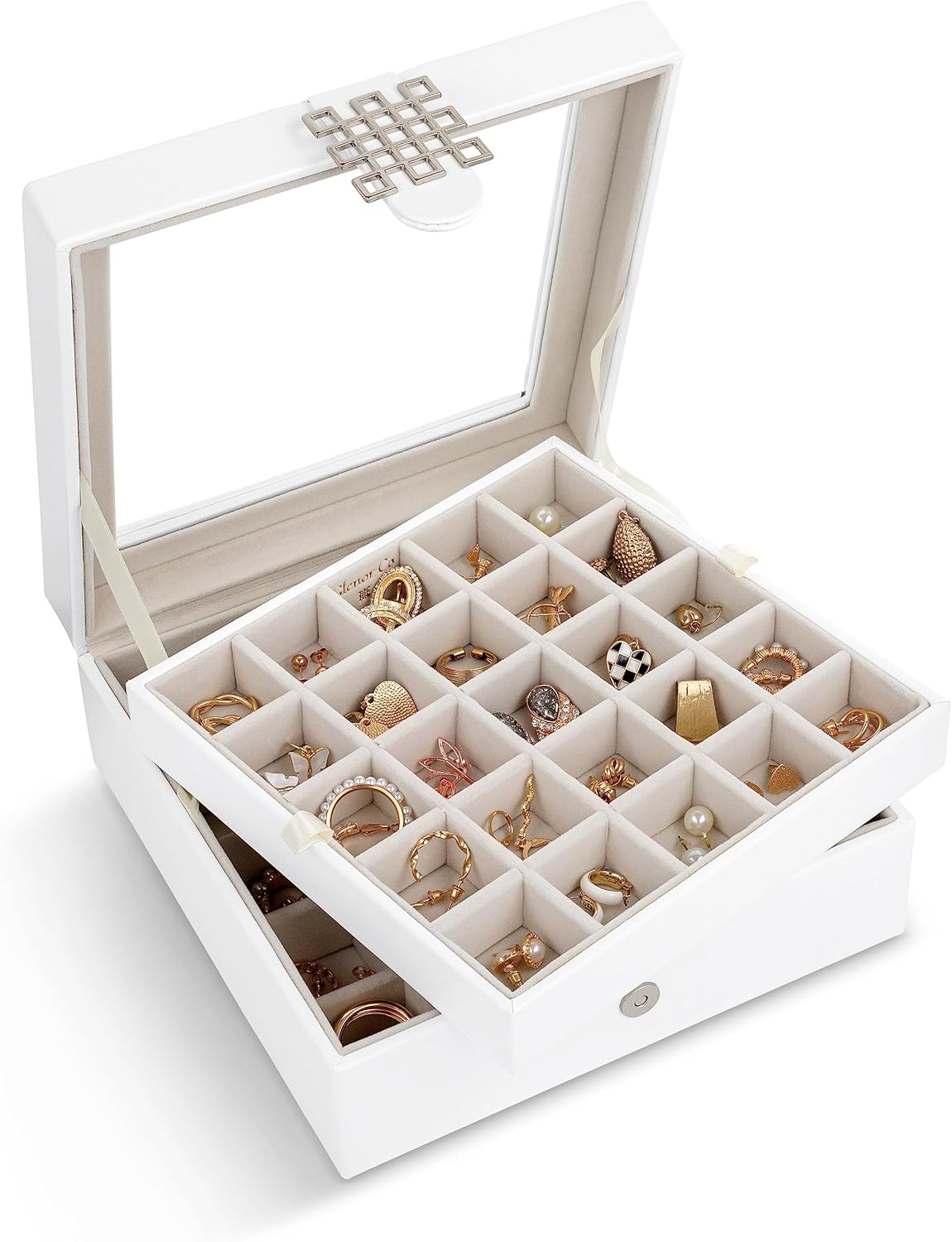 Earring Organizer – Classic 50 Section Jewelry Box/Case/Holder for Earrings, Rings, Necklaces, Cufflinks or Collections -2 Layer Small Compartments with Large Glass Top – White Earring Organizer – Classic 50 Section Jewelry Box/Case/Holder for Earrings, Rings, Necklaces, Cufflinks or Collections -2 Layer Small Compartments with Large Glass Top – White