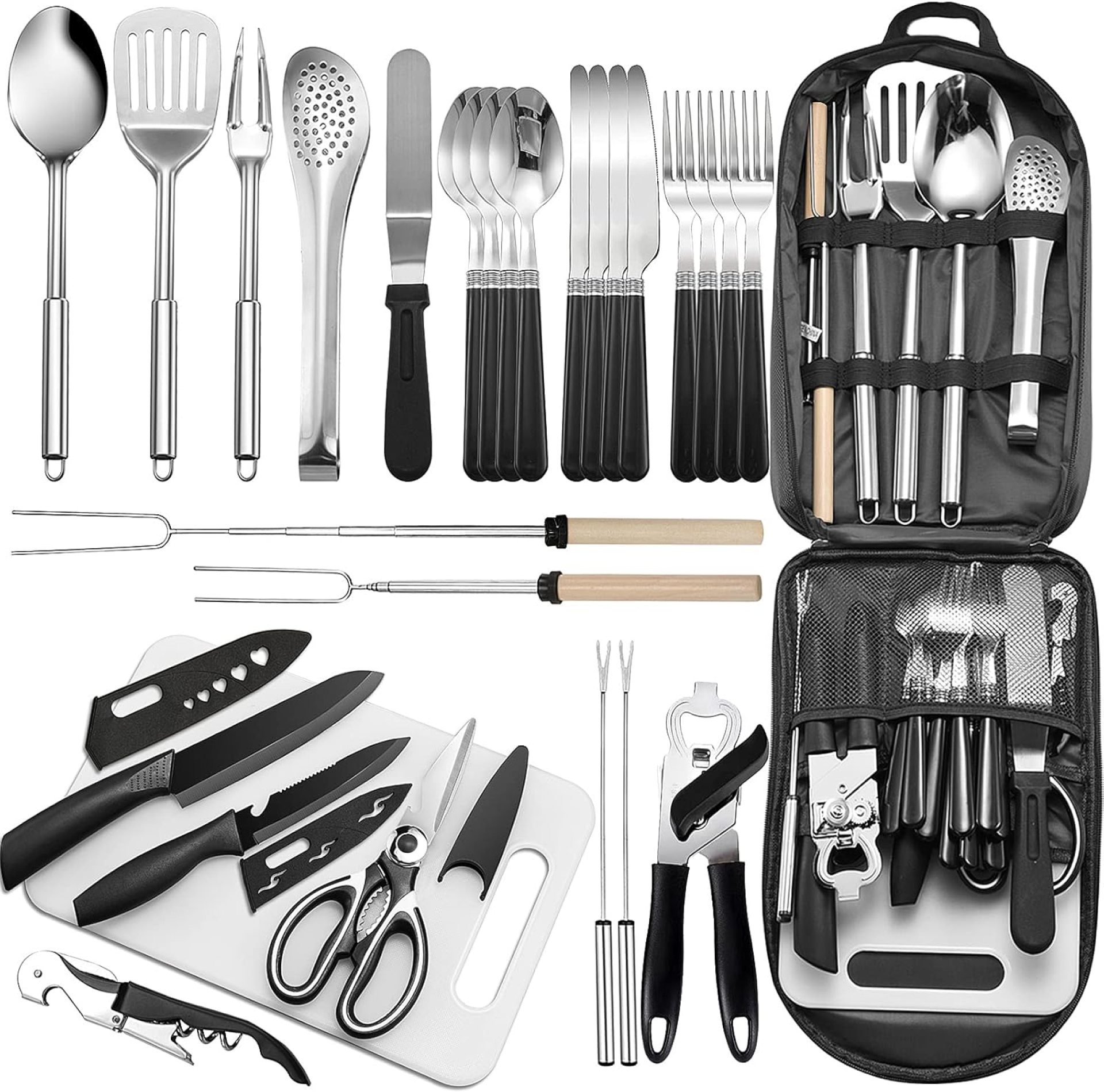 Portable Camping Kitchen Utensil Set-27 Piece Cookware Kit, Stainless Steel Outdoor Cooking and Grilling Utensil Organizer Travel Set Perfect for Travel, Picnics, RVs, Camping, BBQs, Parties and More Portable Camping Kitchen Utensil Set-27 Piece Cookware Kit, Stainless Steel Outdoor Cooking and Grilling Utensil Organizer Travel Set Perfect for Travel, Picnics, RVs, Camping, BBQs, Parties and More