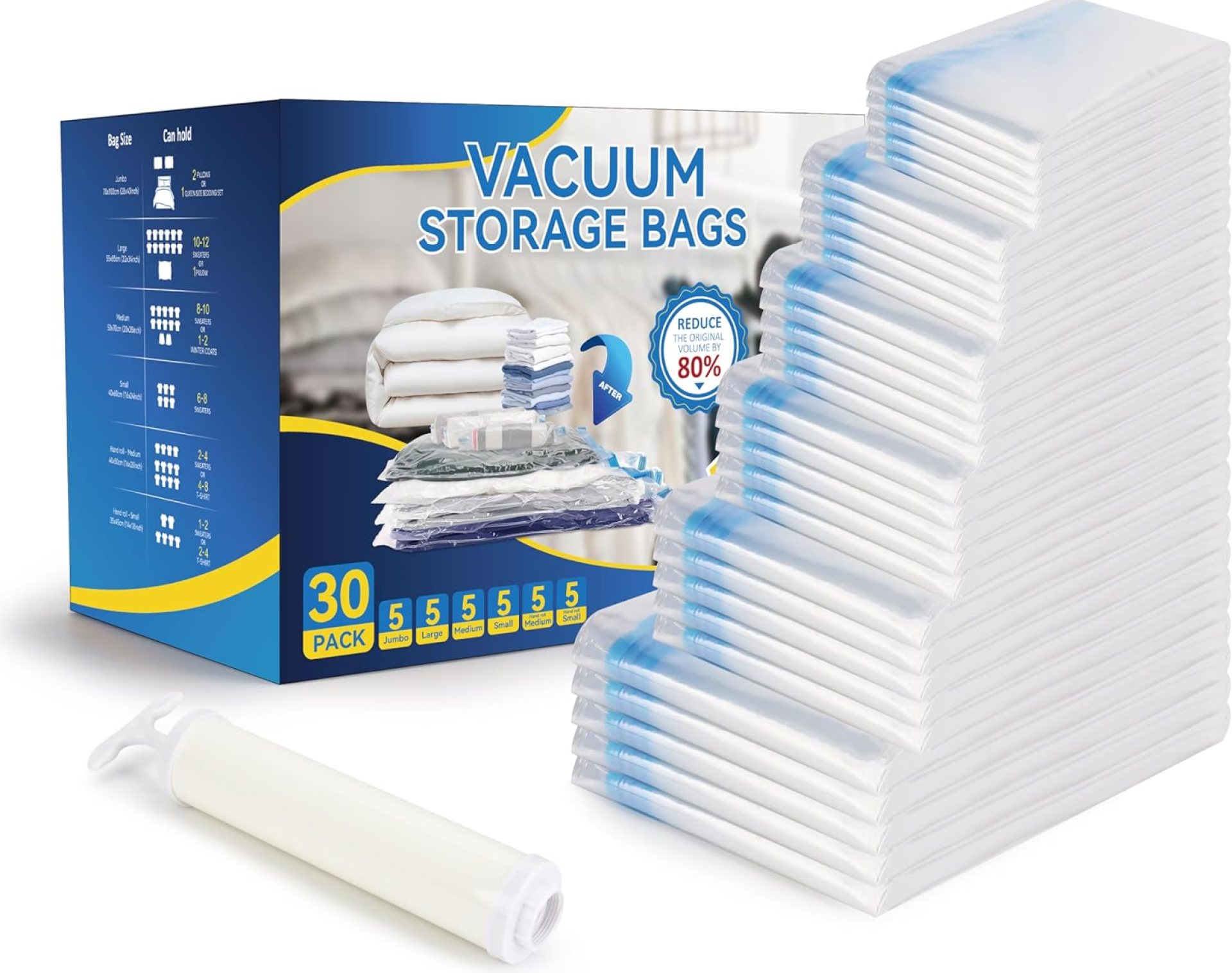 30 Pack Vacuum Storage Bags, Compression Storage Bags, Space Saver Bags for Comforters, Blankets, Pillows and Clothes Storage, Hand Pump Included (5 Jumbo/5 L/5 M/5 S/5 Roll M/5 Roll S) 30 Pack Vacuum Storage Bags, Compression Storage Bags, Space Saver Bags for Comforters, Blankets, Pillows and Clothes Storage, Hand Pump Included (5 Jumbo/5 L/5 M/5 S/5 Roll M/5 Roll S)