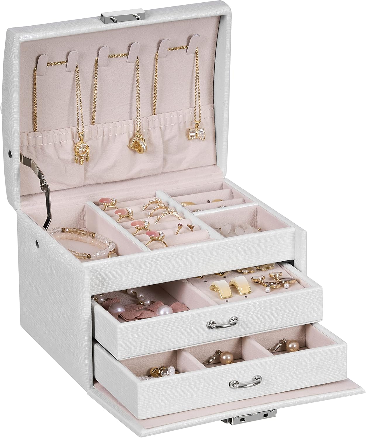 BEWISHOME Jewelry Box for Girls,3 Layers Jewelry Organizer Box with Lock, Jewelry Travel Case for Women Teen Girls, PU Leather Jewelry Boxes for Earrings, Rings, Necklaces White, SSH88W BEWISHOME Jewelry Box for Girls,3 Layers Jewelry Organizer Box with Lock, Jewelry Travel Case for Women Teen Girls, PU Leather Jewelry Boxes for Earrings, Rings, Necklaces White, SSH88W