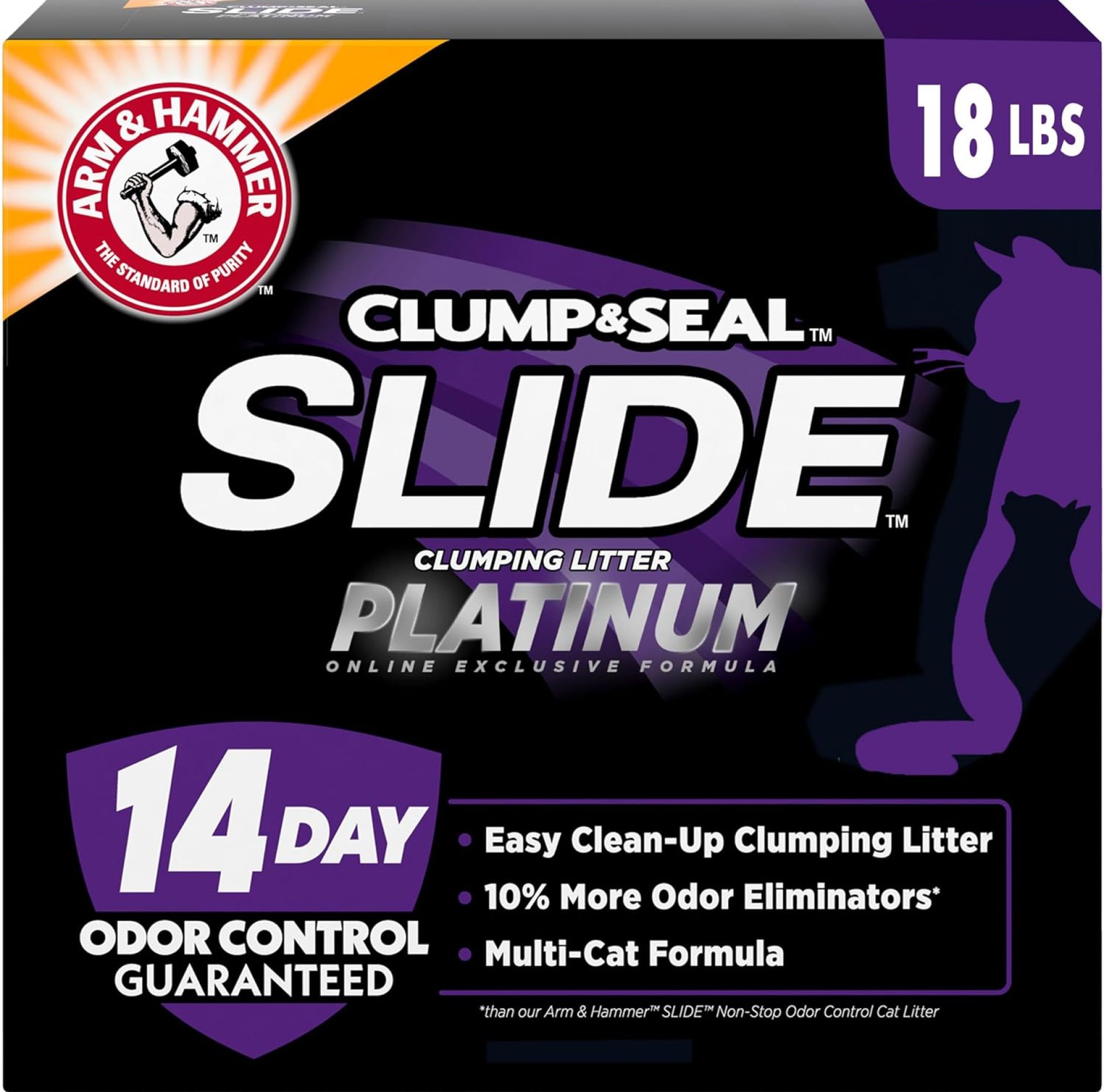 ARM & HAMMER Clump & Seal SLIDE Platinum Multi-Cat Clumping Litter, Easy Clean, Superior Odor Control, 18 Lbs ARM & HAMMER Clump & Seal SLIDE Platinum Multi-Cat Clumping Litter, Easy Clean, Superior Odor Control, 18 Lbs