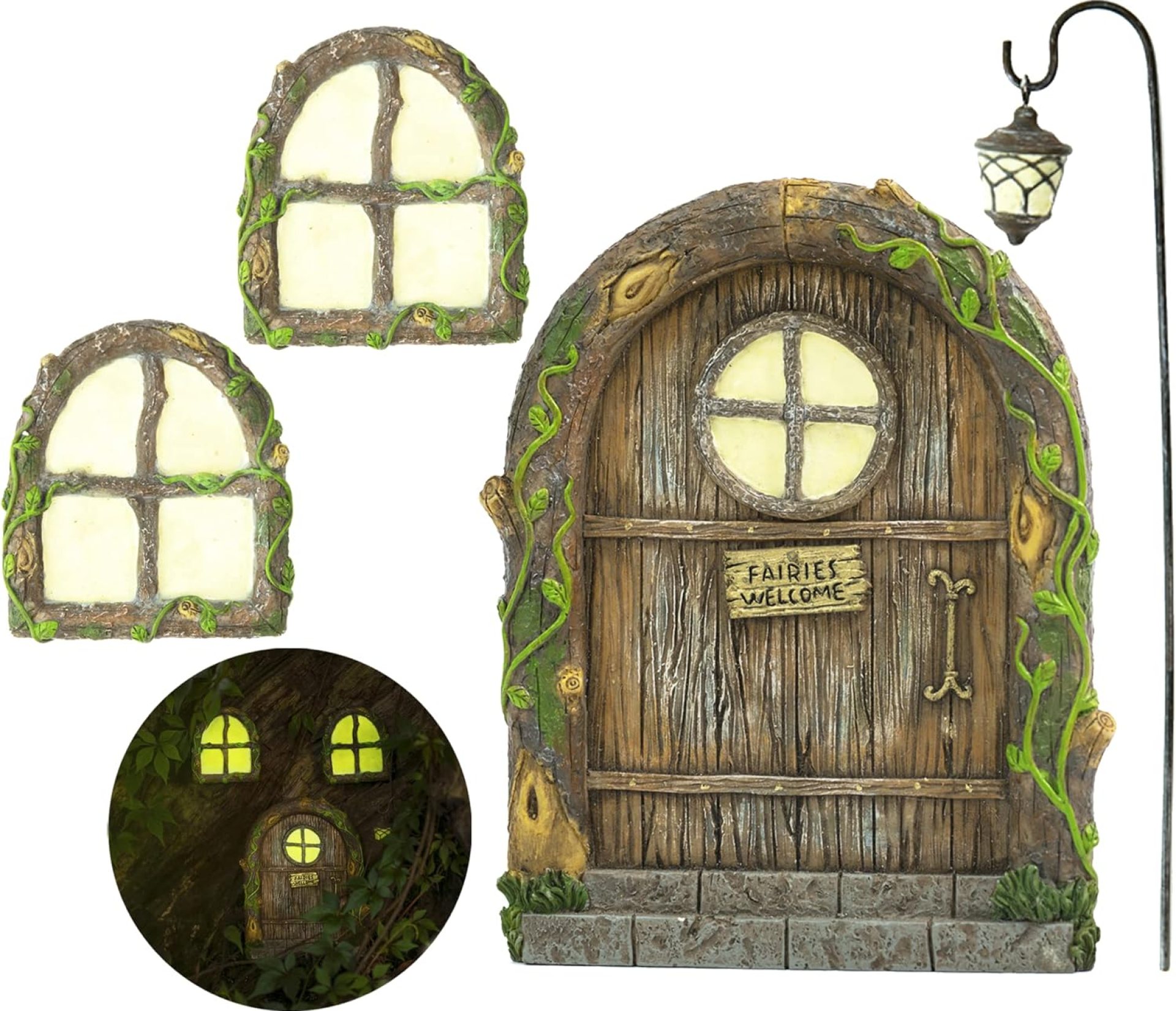 Fairy Door and Windows – Glow in The Dark Yard Art Sculpture Decoration for Kids Room, Wall and Trees Outdoor | Miniature Garden Outdoor Decor Accessories with Bonus Fairy Lantern Fairy Door and Windows – Glow in The Dark Yard Art Sculpture Decoration for Kids Room, Wall and Trees Outdoor | Miniature Garden Outdoor Decor Accessories with Bonus Fairy Lantern
