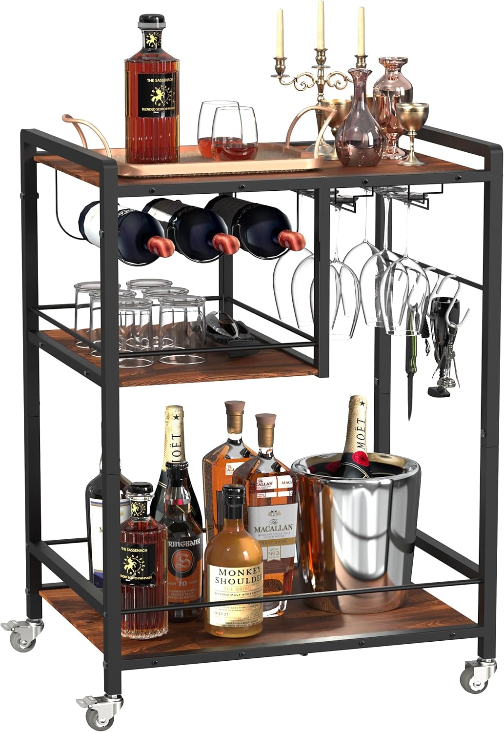 Bar Cart for Home Portable Rolling with Wheels Wine & Whiskey Beverage Unique Small Space Liquor Coffee Accessories Home Serving Carts Wine Table 3-Tier Utility Black Bar Cart for Home Portable Rolling with Wheels Wine & Whiskey Beverage Unique Small Space Liquor Coffee Accessories Home Serving Carts Wine Table 3-Tier Utility Black