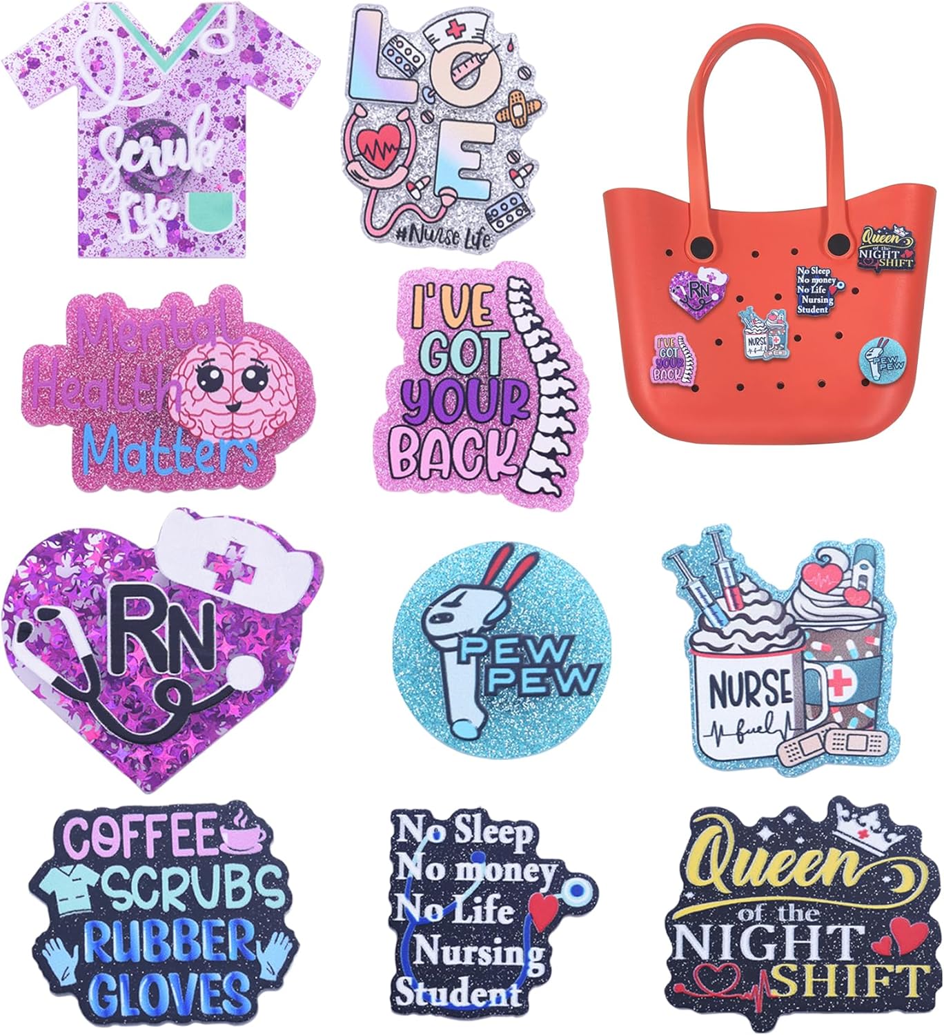 10 PCS Bogg Bag for Chamrs, Bling Chamrs for Beach Bag,Nurse Mom Life Beach Tote Bag Charms for Women Girls Kids Party Gifts, Decorations for Totes Bag, Simply Southern Beach Totes Accessory, Insert Charm Decorative with 0.55″ Dia Holes 10 PCS Bogg Bag for Chamrs, Bling Chamrs for Beach Bag,Nurse Mom Life Beach Tote Bag Charms for Women Girls Kids Party Gifts, Decorations for Totes Bag, Simply Southern Beach Totes Accessory, Insert Charm Decorative with 0.55″ Dia Holes