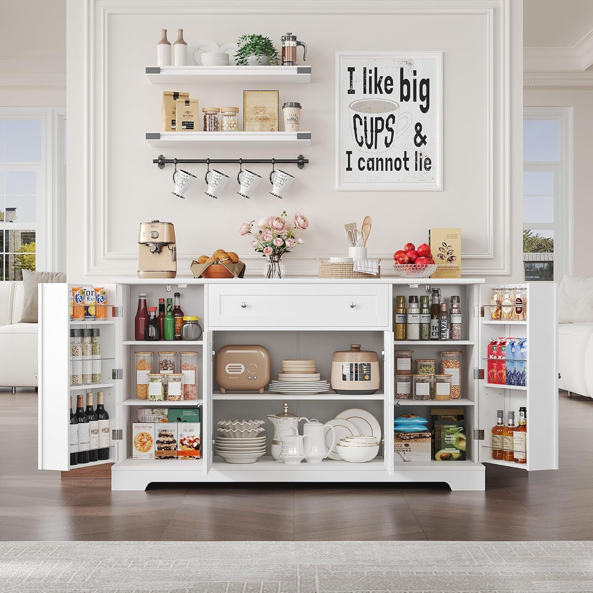 HITHOS 54″ Buffet Cabinet with Storage, Modern Kitchen Buffet Sideboard with Drawer, Wood Coffee Bar Station with Adjustable Shelves, Kitchen Storage Cabinet for Living Room, White HITHOS 54″ Buffet Cabinet with Storage, Modern Kitchen Buffet Sideboard with Drawer, Wood Coffee Bar Station with Adjustable Shelves, Kitchen Storage Cabinet for Living Room, White