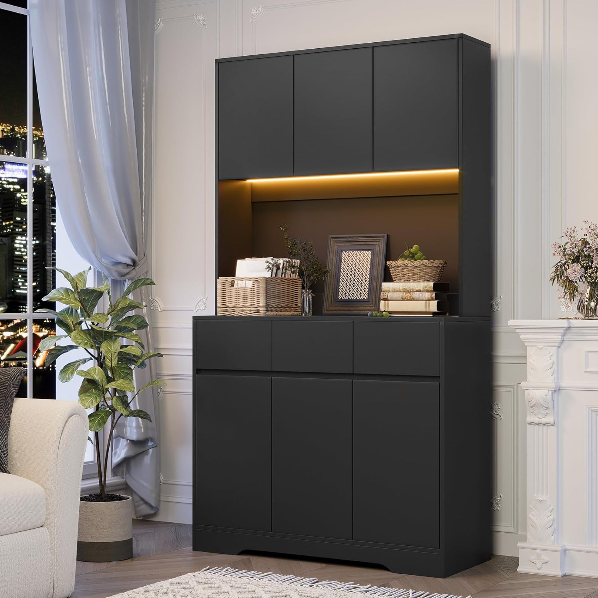 71” Pantry Cabinet with LED Light Charging Station, kitchen storage cabinets with Microwave Stand, Freestanding Kitchen Hutch,Buffet Bar Cabinet with Open Countertop for Dining Room,Restaurant,Black 71” Pantry Cabinet with LED Light Charging Station, kitchen storage cabinets with Microwave Stand, Freestanding Kitchen Hutch,Buffet Bar Cabinet with Open Countertop for Dining Room,Restaurant,Black