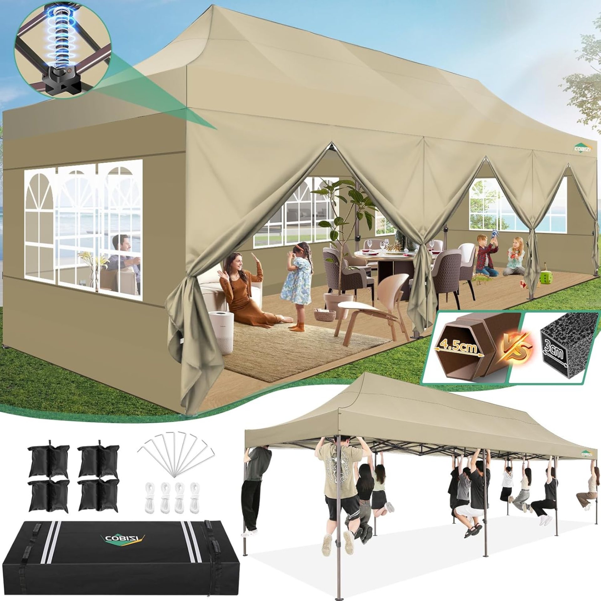 COBIZI 10×30 Pop up Heavy Duty Canopy Tent with 8 Sidewalls, Commercial Outdoor Gazebo, Easy Setup Event Party Tent for Wedding Waterproof & UV50+,4.0 Hexagonal Thickened Legs with Hand Bags(Khaki) COBIZI 10×30 Pop up Heavy Duty Canopy Tent with 8 Sidewalls, Commercial Outdoor Gazebo, Easy Setup Event Party Tent for Wedding Waterproof & UV50+,4.0 Hexagonal Thickened Legs with Hand Bags(Khaki)