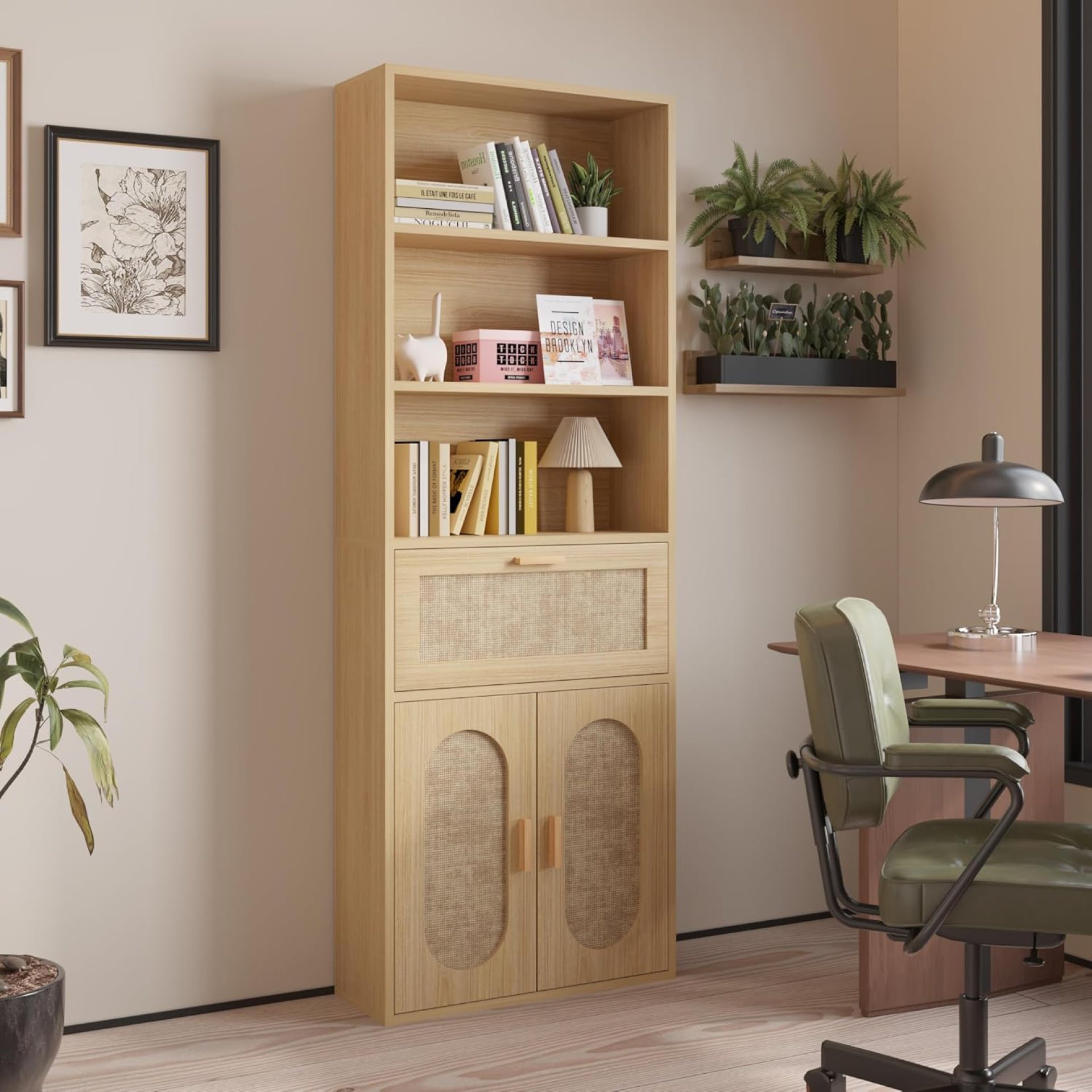 Karl home 70.9″ Tall 3 Shelf Bookcase with 1 Drawer,2 Rattan Doors Cabinet with Adjustable Shelf, Large Rustic Wood Storage Cupboard for Kitchen, Dining Room, Living Room, Home Office,(Nature) Karl home 70.9″ Tall 3 Shelf Bookcase with 1 Drawer,2 Rattan Doors Cabinet with Adjustable Shelf, Large Rustic Wood Storage Cupboard for Kitchen, Dining Room, Living Room, Home Office,(Nature)