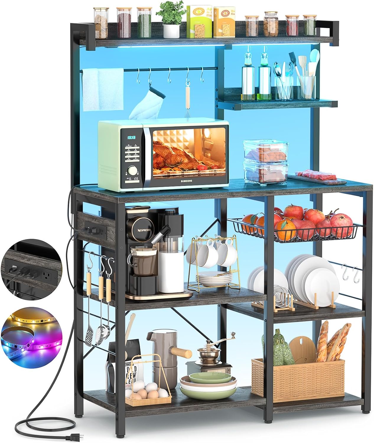 Aheaplus Bakers Rack with Power Outlet and LED Light Strings, Microwave Oven Stand Kitchen Storage Shelf with Wire Basket, Coffee Bar Station Island Table with 10 Hooks for Spices, Pots, Black Oak Aheaplus Bakers Rack with Power Outlet and LED Light Strings, Microwave Oven Stand Kitchen Storage Shelf with Wire Basket, Coffee Bar Station Island Table with 10 Hooks for Spices, Pots, Black Oak