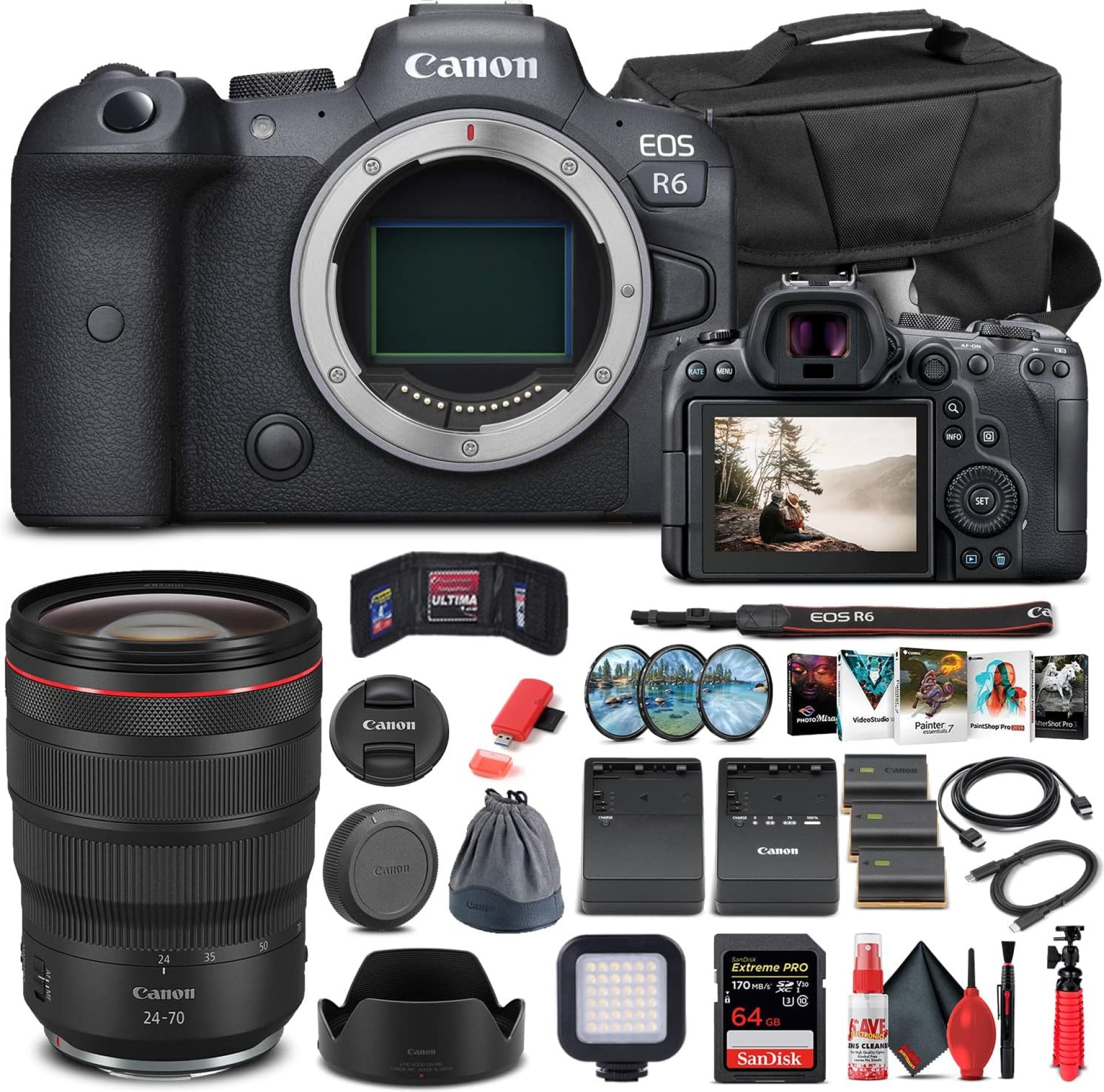 Canon EOS R6 Mirrorless Digital Camera (Body Only) (4082C002) + Canon RF 24-70mm Lens + 64GB Memory Card + Case + Corel Software + 2 x LPE6 Battery + External Charger + Card Reader + More (Renewed) Canon EOS R6 Mirrorless Digital Camera (Body Only) (4082C002) + Canon RF 24-70mm Lens + 64GB Memory Card + Case + Corel Software + 2 x LPE6 Battery + External Charger + Card Reader + More (Renewed)