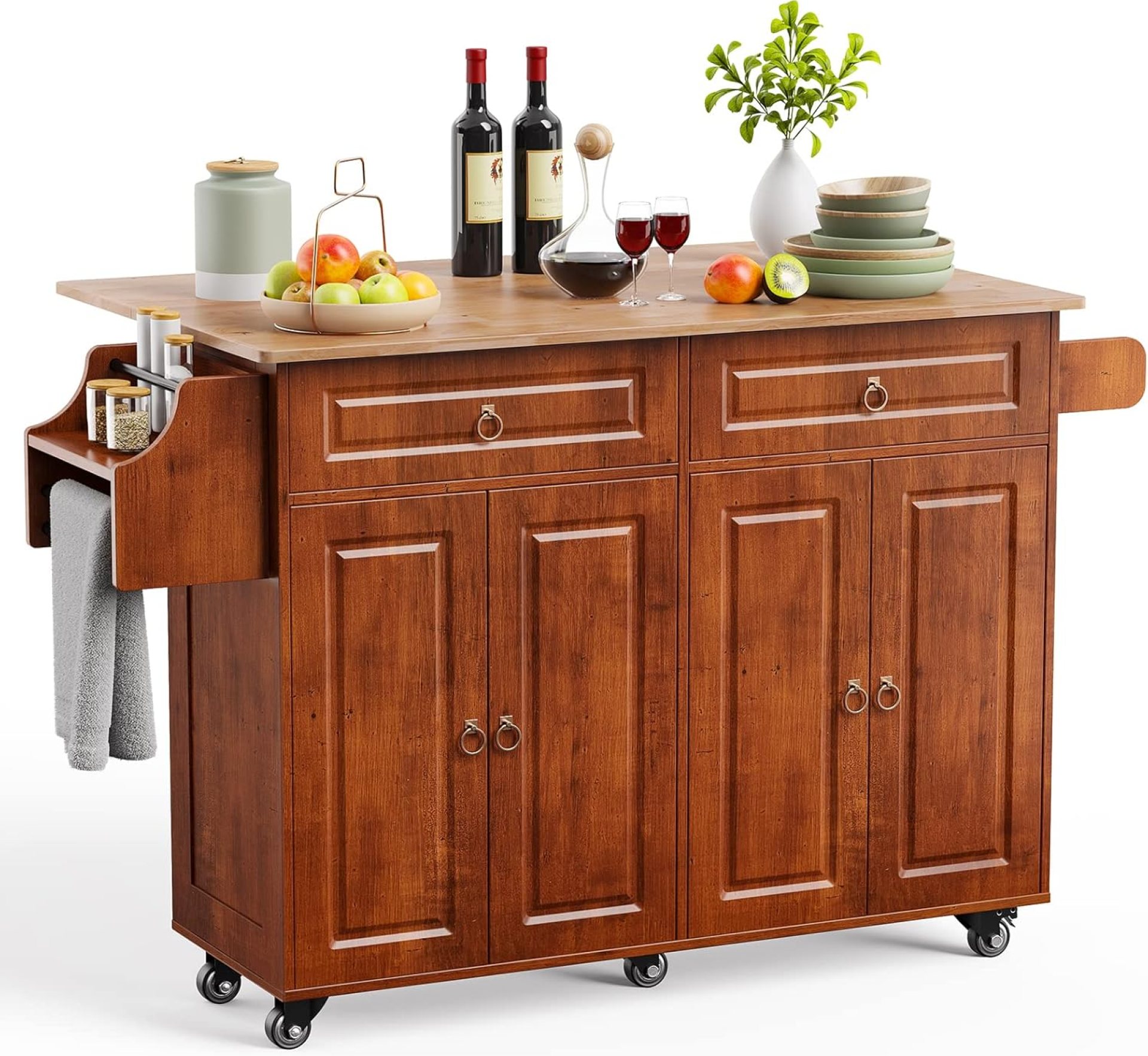 Kitchen Island with Drop Leaf and Storage, on Wheels Two Drawers, Large Storage Cabinet, Towel Rack Spice Cart Brown Kitchen Island with Drop Leaf and Storage, on Wheels Two Drawers, Large Storage Cabinet, Towel Rack Spice Cart Brown