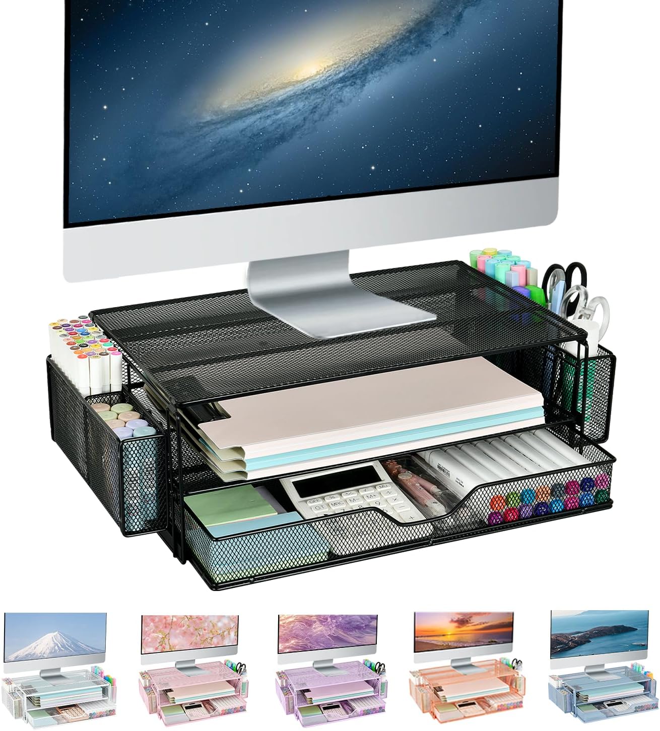 AUPSEN 2 Tier Computer Monitor Stands with Drawer and 2 Pencil Holder, Metal Monitor Stand Monitor riser, Computer Desk Organizer and Accessories for Laptop, Computer, Printer, Office Supplies(Black) AUPSEN 2 Tier Computer Monitor Stands with Drawer and 2 Pencil Holder, Metal Monitor Stand Monitor riser, Computer Desk Organizer and Accessories for Laptop, Computer, Printer, Office Supplies(Black)