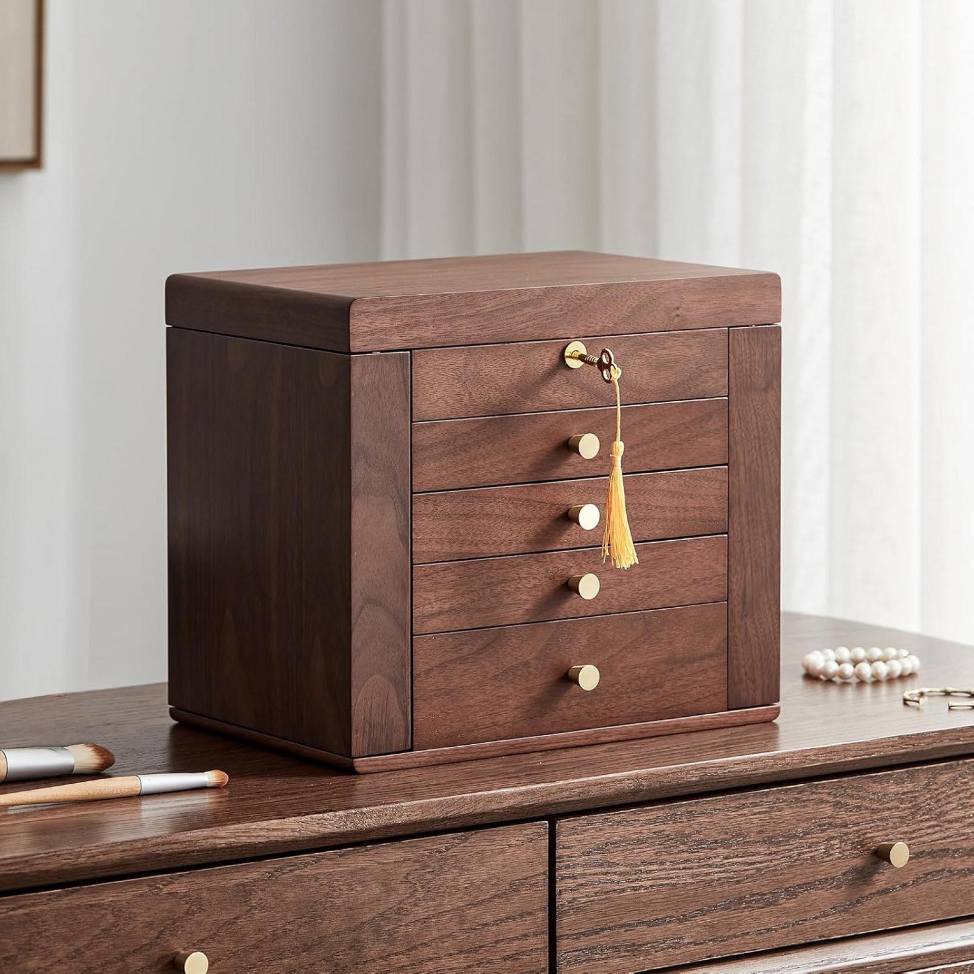 Black Walnut Wooden Jewelry Box, 5 Layer Solid Wood Jewelry Organizer with 2 Side Doors Mirror Lockable Classical Style for Watch Necklace Ring Earring Storage Mother’s Day Gifts Black Walnut Wooden Jewelry Box, 5 Layer Solid Wood Jewelry Organizer with 2 Side Doors Mirror Lockable Classical Style for Watch Necklace Ring Earring Storage Mother’s Day Gifts