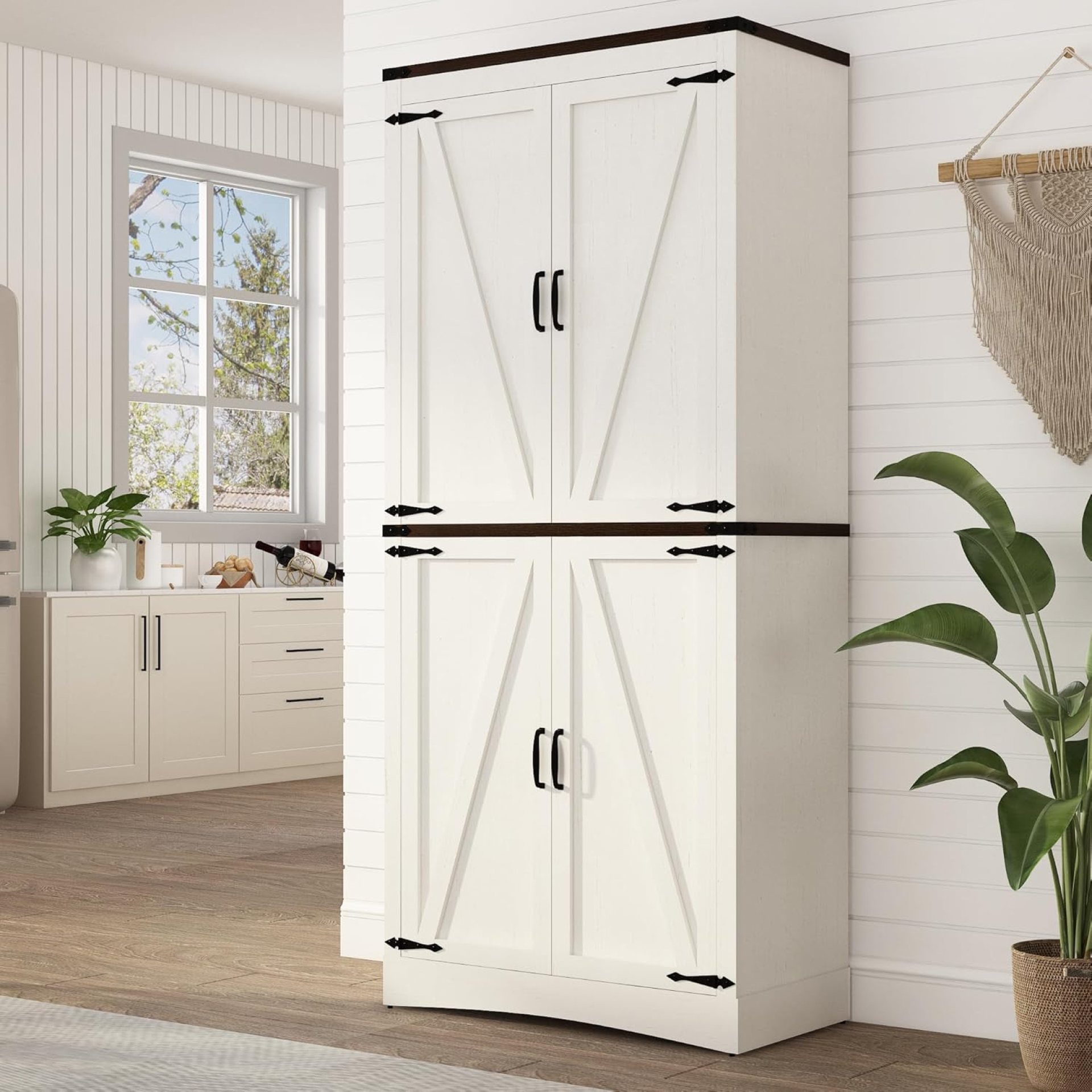 71in Farmhouse Kitchen Pantry Cabinet,Tall Storage Cabinet with 4 Doors and Adjustable shelves,with Load-Bearing Steel Pipe,Wood Storage Cabinets for Kitchen,Dining Room,Bathroom(White) 71in Farmhouse Kitchen Pantry Cabinet,Tall Storage Cabinet with 4 Doors and Adjustable shelves,with Load-Bearing Steel Pipe,Wood Storage Cabinets for Kitchen,Dining Room,Bathroom(White)