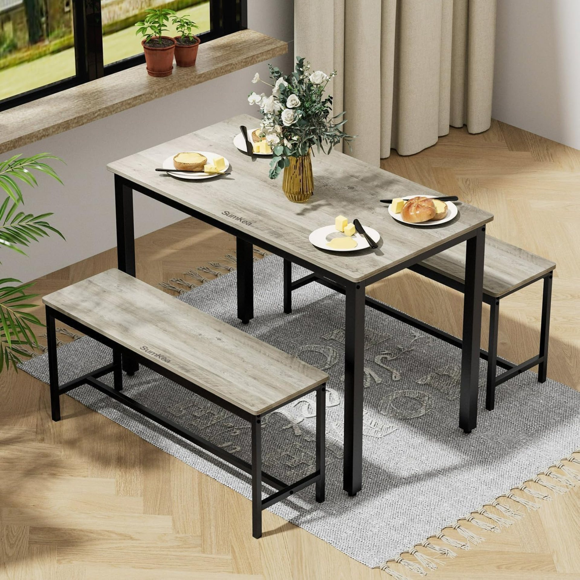 Dining Table Set for 4, Kitchen Room Table Set with 2 Benches, 3-Piece Dining Chairs Set for Breakfast Nook, Grey Dining Table Set for 4, Kitchen Room Table Set with 2 Benches, 3-Piece Dining Chairs Set for Breakfast Nook, Grey