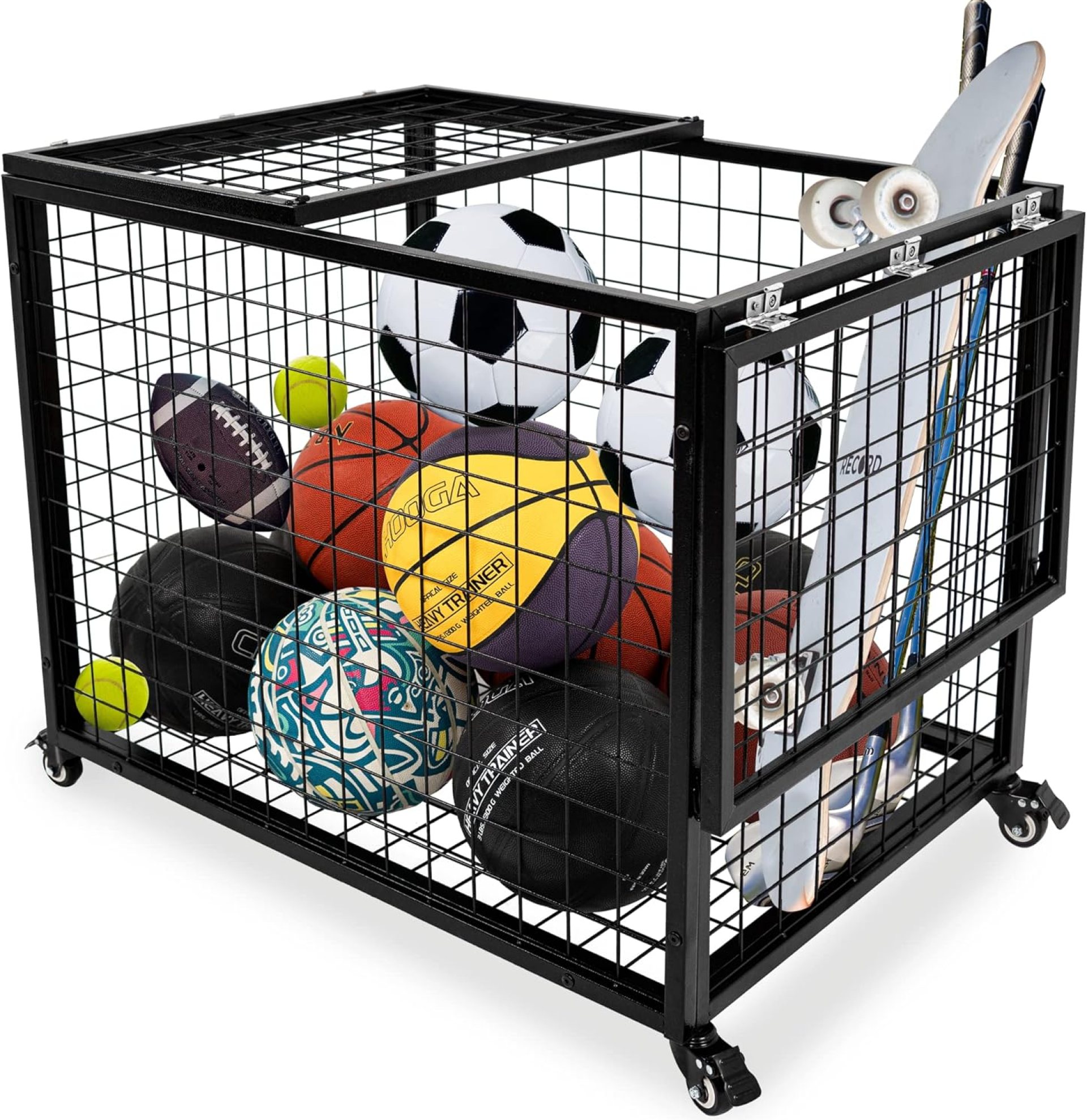 Ball Cart Garage Sports Equipment Organizer with Lockable Lid, Basketball Storage Bin for Indoor Outdoor, Rolling Exercise Ball Cart Holder for Gym, Club, School Ball Cart Garage Sports Equipment Organizer with Lockable Lid, Basketball Storage Bin for Indoor Outdoor, Rolling Exercise Ball Cart Holder for Gym, Club, School