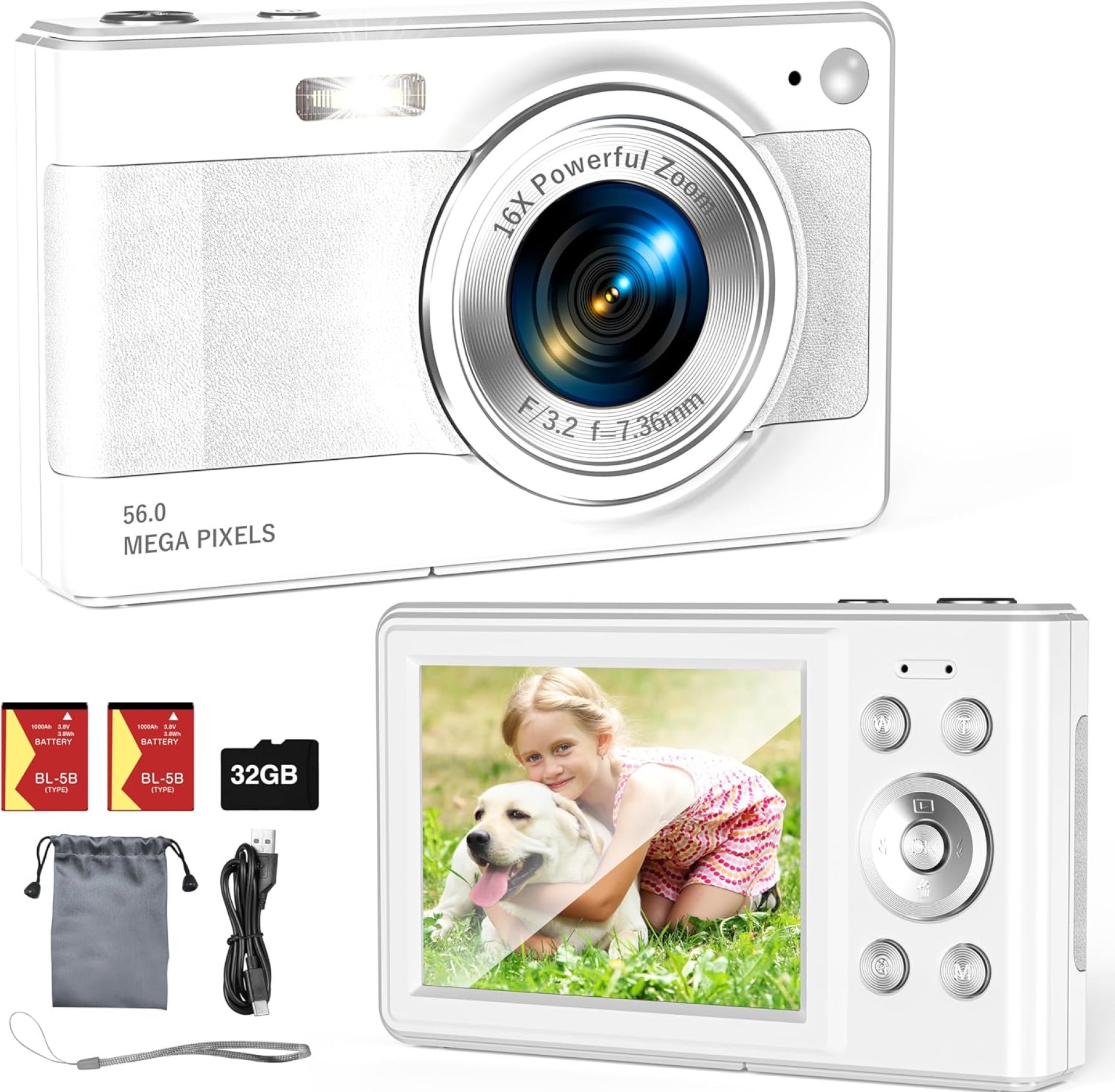 Upgrade Digital Camera, 56MP FHD 1080P for Kids with 16x Zoom Anti Shake, 32GB TF Card, Two Batteries, Lanyard, Compact Small for Boys Girls (White) Upgrade Digital Camera, 56MP FHD 1080P for Kids with 16x Zoom Anti Shake, 32GB TF Card, Two Batteries, Lanyard, Compact Small for Boys Girls (White)