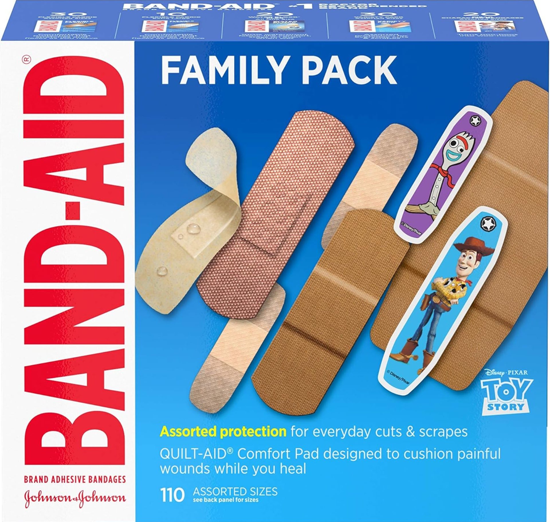 Band-Aid Adhesive Bandage Family Variety Pack in Assorted Sizes Featuring Water Block & Skin Flex, Flexible Fabric, Tough Strips & Pixar Character Bandages, 110 Count Band-Aid Adhesive Bandage Family Variety Pack in Assorted Sizes Featuring Water Block & Skin Flex, Flexible Fabric, Tough Strips & Pixar Character Bandages, 110 Count