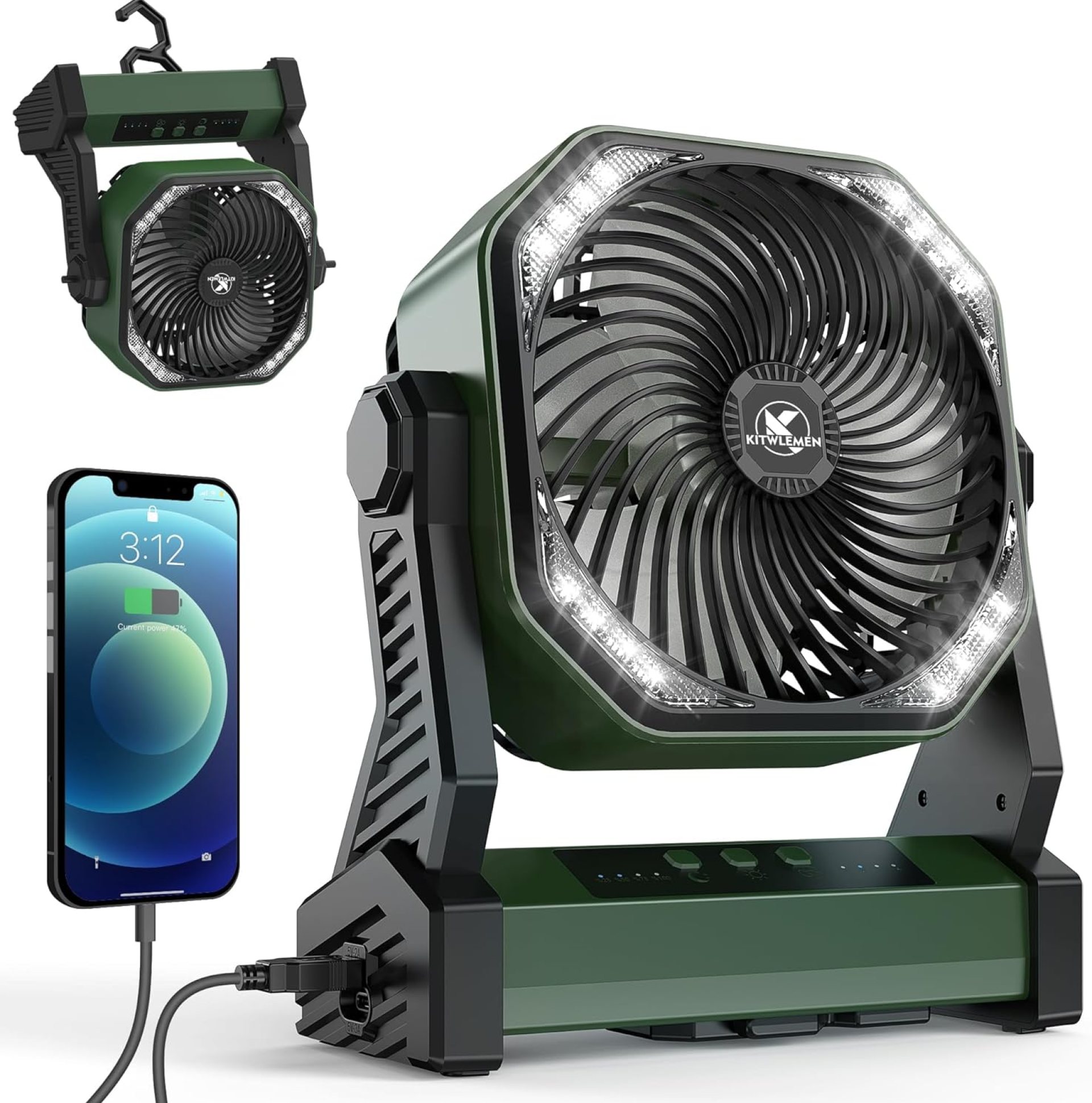 KITWLEMEN Camping Fan with LED Lantern, 20000mAh Rechargeable Battery Operated Outdoor Tent Fan with Light & Hook, 4 Speeds, Personal USB Desk Fan for Camping, Power Outage, Hurricane, Jobsite KITWLEMEN Camping Fan with LED Lantern, 20000mAh Rechargeable Battery Operated Outdoor Tent Fan with Light & Hook, 4 Speeds, Personal USB Desk Fan for Camping, Power Outage, Hurricane, Jobsite