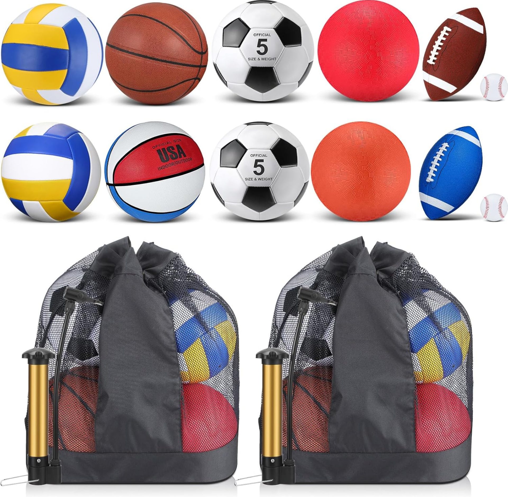 Deekin 12 Pcs Assorted Sport Ball Set Official Size Basketball, Football, Volleyball, Soccer, Baseball, Playground Ball with Bag and Pump Gift for Kid Youth Adult Back to School Deekin 12 Pcs Assorted Sport Ball Set Official Size Basketball, Football, Volleyball, Soccer, Baseball, Playground Ball with Bag and Pump Gift for Kid Youth Adult Back to School