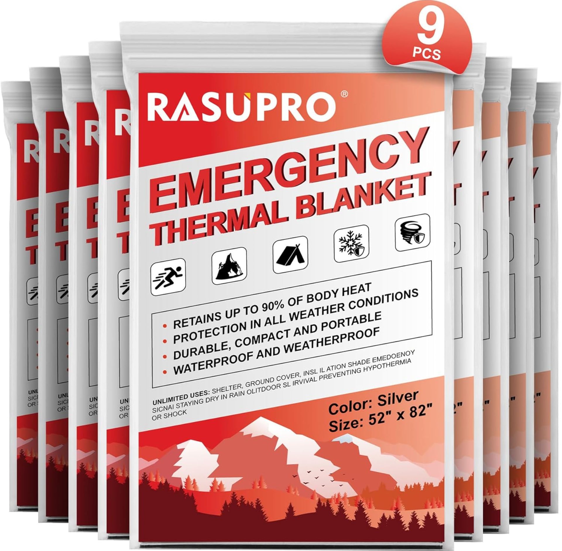 9 Pack Emergency Blankets, Outdoor Survival Emergency Insulated Gear, Mylar Thermal Space Insulated Blanket, Perfect for Camping, Hiking, Running, Marathon, Wilderness Rescue or First Aid 9 Pack Emergency Blankets, Outdoor Survival Emergency Insulated Gear, Mylar Thermal Space Insulated Blanket, Perfect for Camping, Hiking, Running, Marathon, Wilderness Rescue or First Aid