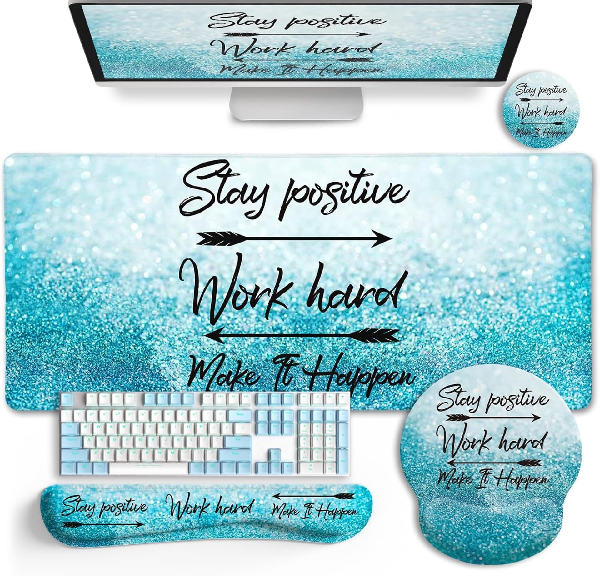Desk Mat Desk Pad, XXL Large Gaming Mouse Pad with Wrist Rest Wrist Support, Ergonomic Mouse Pad, Keyboard Wrist Rest, Coaster, Home Office Desk Accessories Decor Supplies, Stay Positive Desk Mat Desk Pad, XXL Large Gaming Mouse Pad with Wrist Rest Wrist Support, Ergonomic Mouse Pad, Keyboard Wrist Rest, Coaster, Home Office Desk Accessories Decor Supplies, Stay Positive