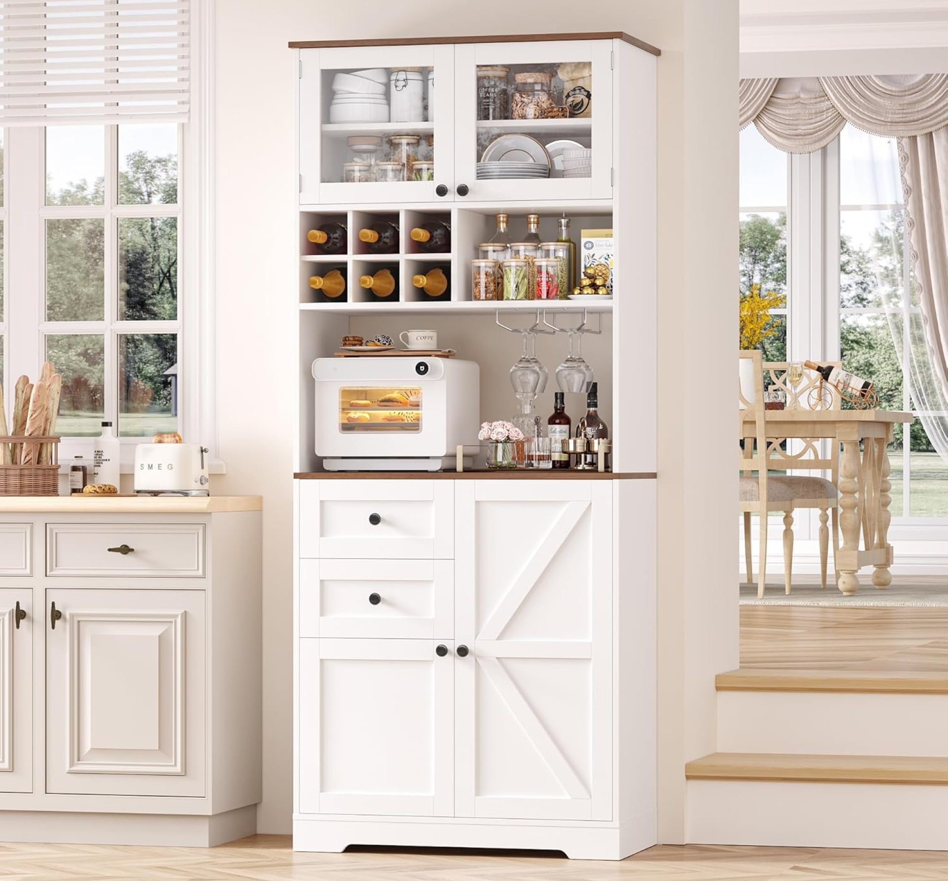 HIFIT 75″ Tall Coffee Bar Cabinet with Hutch, Kitchen Pantry Storage Cabinet with Barn Door & 2 Drawer, Wine & Glasses Rack, Modern Farmhouse Wooden Wine Bar Station for Home Dining Living Room, White HIFIT 75″ Tall Coffee Bar Cabinet with Hutch, Kitchen Pantry Storage Cabinet with Barn Door & 2 Drawer, Wine & Glasses Rack, Modern Farmhouse Wooden Wine Bar Station for Home Dining Living Room, White