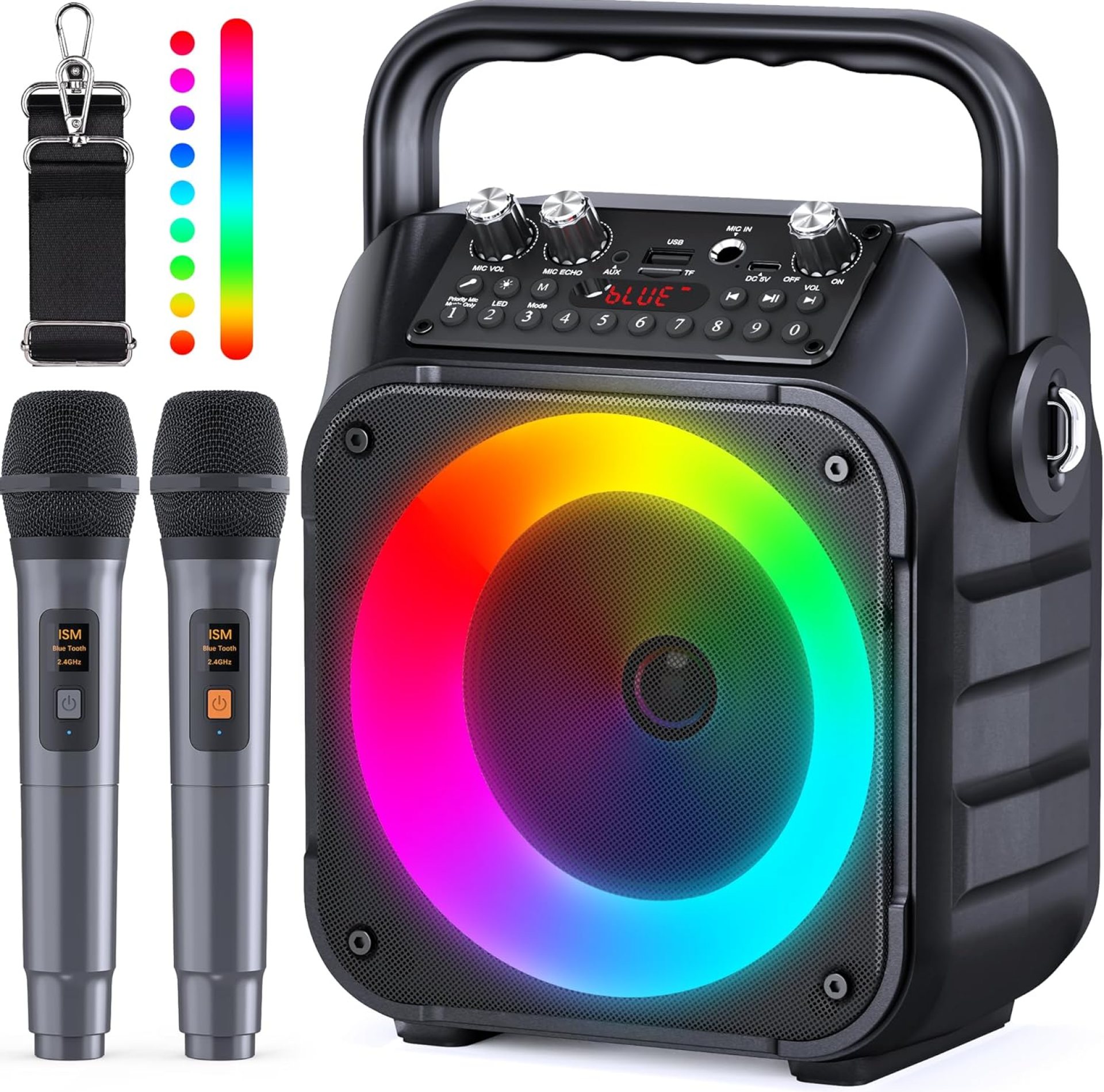 Karaoke Machine, Portable Bluetooth Speaker with 2 Wireless Microphones for Adults & Kids with Lights, Karaoke Microphone with PA System Supports USB/TF/REC/FM/AUX for Home Party Karaoke Machine, Portable Bluetooth Speaker with 2 Wireless Microphones for Adults & Kids with Lights, Karaoke Microphone with PA System Supports USB/TF/REC/FM/AUX for Home Party