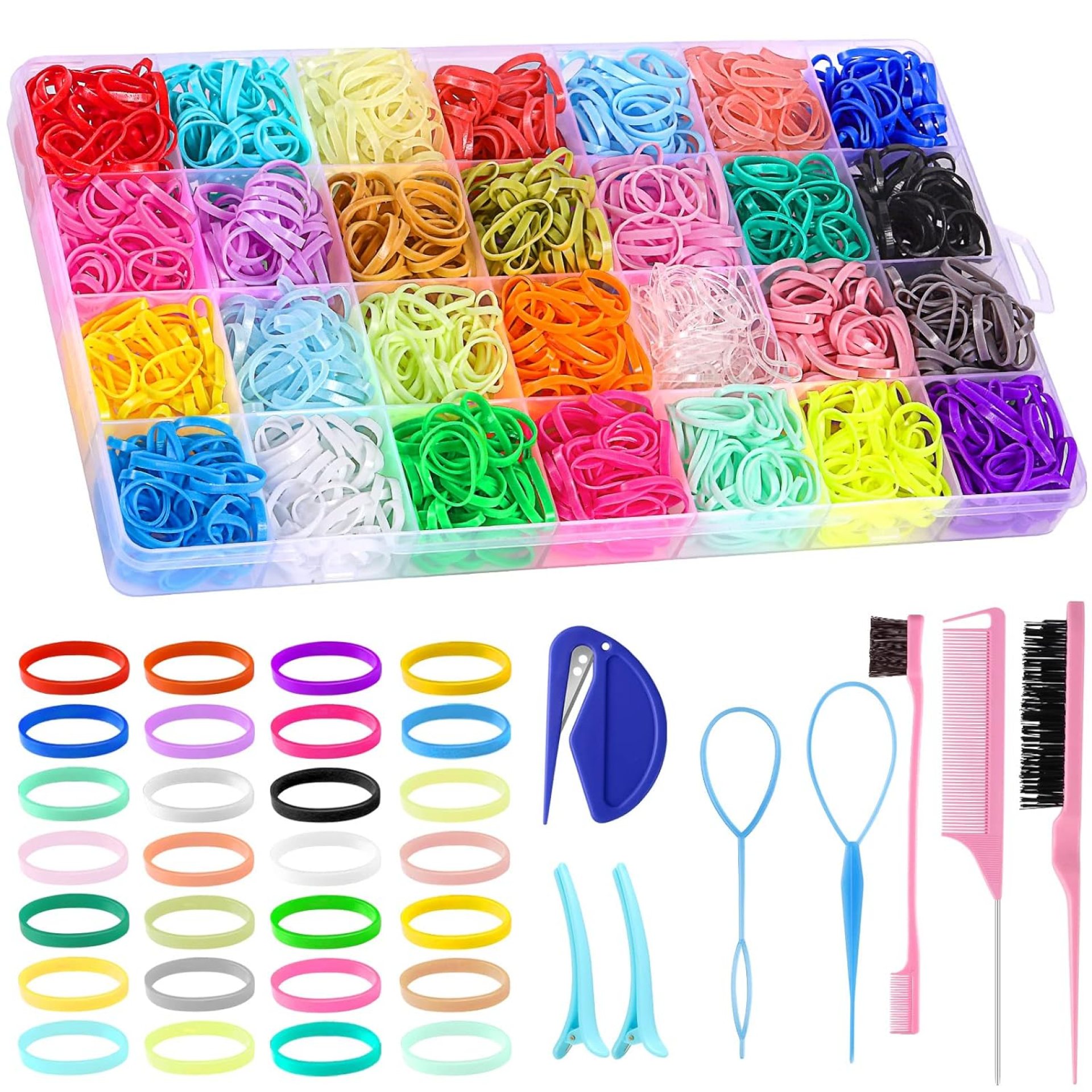 BESARME 28 Colors Rubber Bands for Hair with 7 Hair Styling Tools, 2100 Pcs Colorful Elastic Hair Ties Ponytail Holders Hair Accessories for Girls Baby Toddler Christmas Gifts BESARME 28 Colors Rubber Bands for Hair with 7 Hair Styling Tools, 2100 Pcs Colorful Elastic Hair Ties Ponytail Holders Hair Accessories for Girls Baby Toddler Christmas Gifts