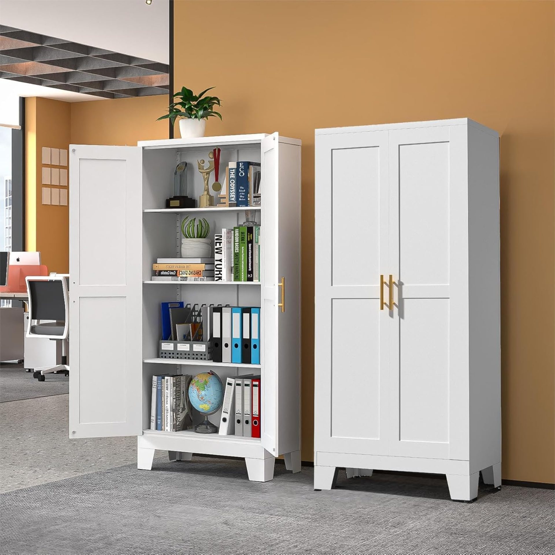 White Metal Storage Cabinet, 61″ Steel Cabinets for Home Office, Kitchen Pantry Storage Cabinet with Doors and 3 Adjustable Shelves, Tool Cabinet, for Office, Home, Garage, School White Metal Storage Cabinet, 61″ Steel Cabinets for Home Office, Kitchen Pantry Storage Cabinet with Doors and 3 Adjustable Shelves, Tool Cabinet, for Office, Home, Garage, School