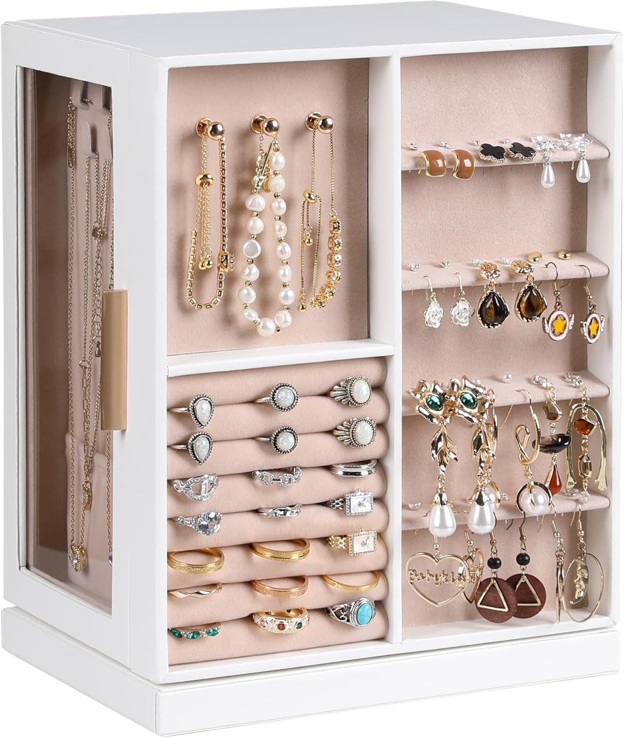 Frebeauty 360° Rotating Jewelry Box,PU Leather Jewelry Organizer with 6 Drawers,Large Jewelry Storage,Clear Window,Golden Handle,Vertical Jewelry Holder for Earrings Necklace,Gift for Women(White) Frebeauty 360° Rotating Jewelry Box,PU Leather Jewelry Organizer with 6 Drawers,Large Jewelry Storage,Clear Window,Golden Handle,Vertical Jewelry Holder for Earrings Necklace,Gift for Women(White)
