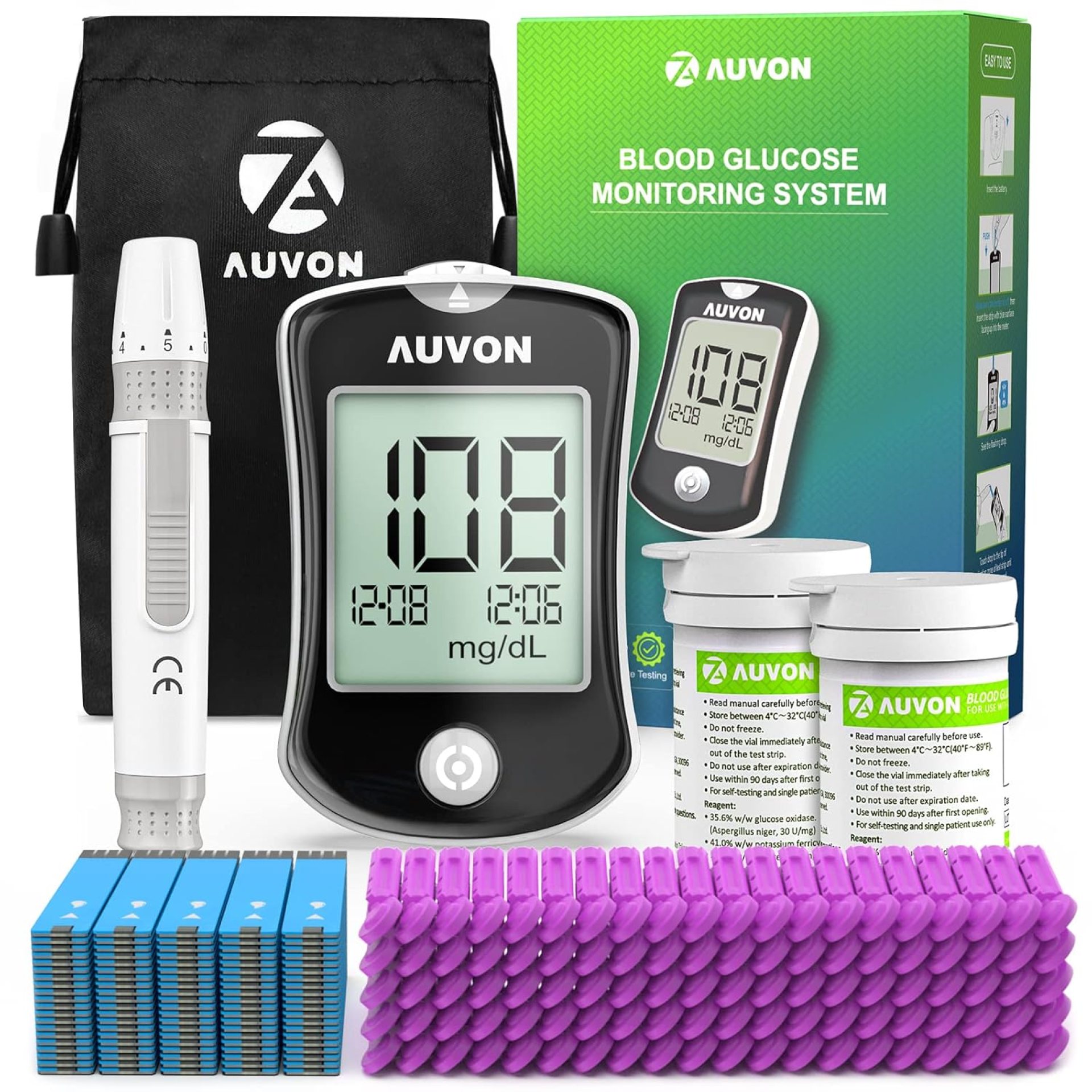 AUVON Blood Glucose Monitor Kit for Accurate Test, Diabetes Testing Kit with 100 Glucometer Strips, 100 30G Lancets and Lancing Devices, DS-W Portable Sugar Test Kit, No Coding & FSA/HSA Eligible AUVON Blood Glucose Monitor Kit for Accurate Test, Diabetes Testing Kit with 100 Glucometer Strips, 100 30G Lancets and Lancing Devices, DS-W Portable Sugar Test Kit, No Coding & FSA/HSA Eligible