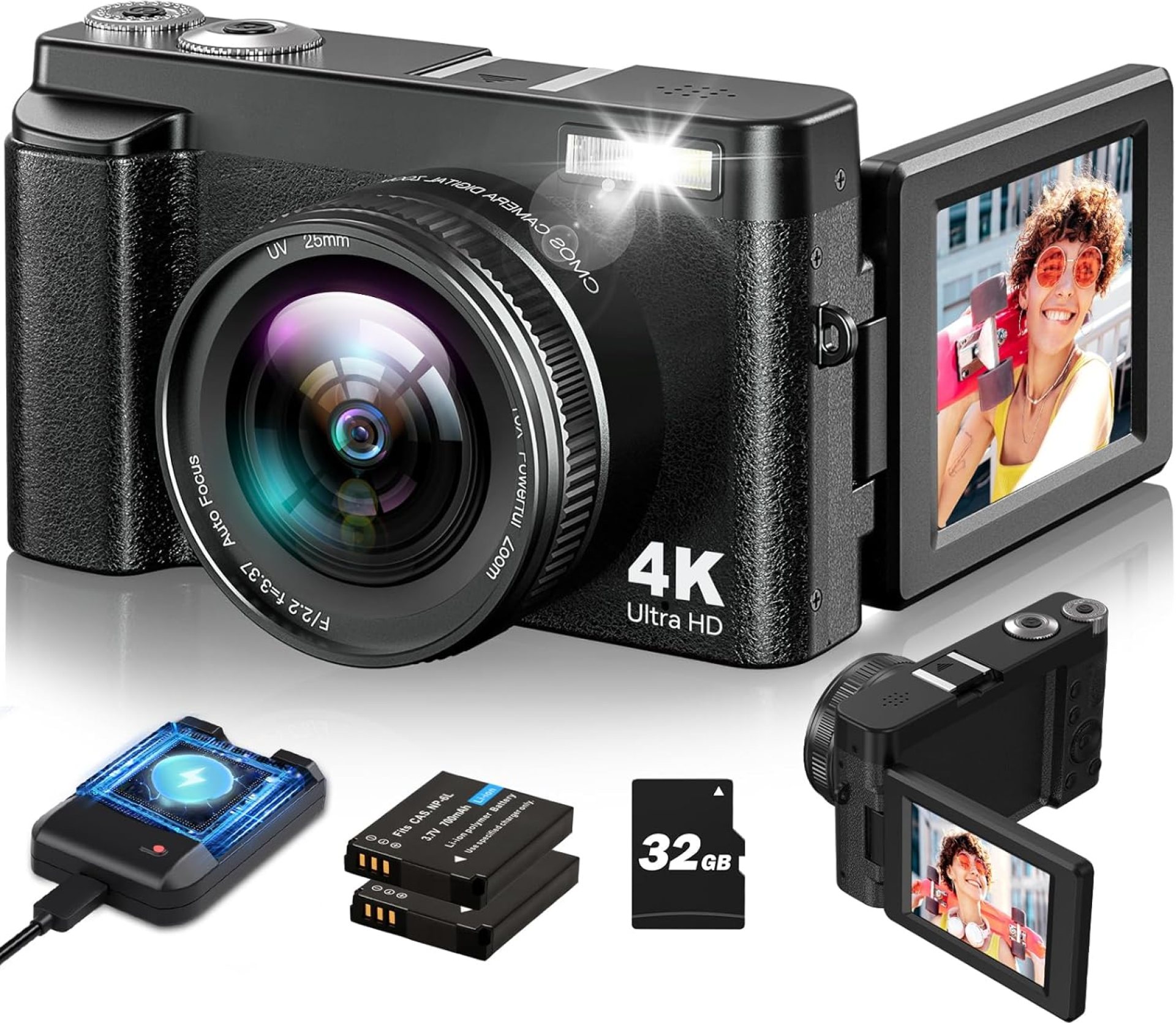 4K Digital Camera for Photography and Video, Autofocus Vlogging Camera with 180° Flip Screen 16X Zoom, 48MP Compact Camera with Flash, 32GB Card, 2 Batteries and Charger 4K Digital Camera for Photography and Video, Autofocus Vlogging Camera with 180° Flip Screen 16X Zoom, 48MP Compact Camera with Flash, 32GB Card, 2 Batteries and Charger