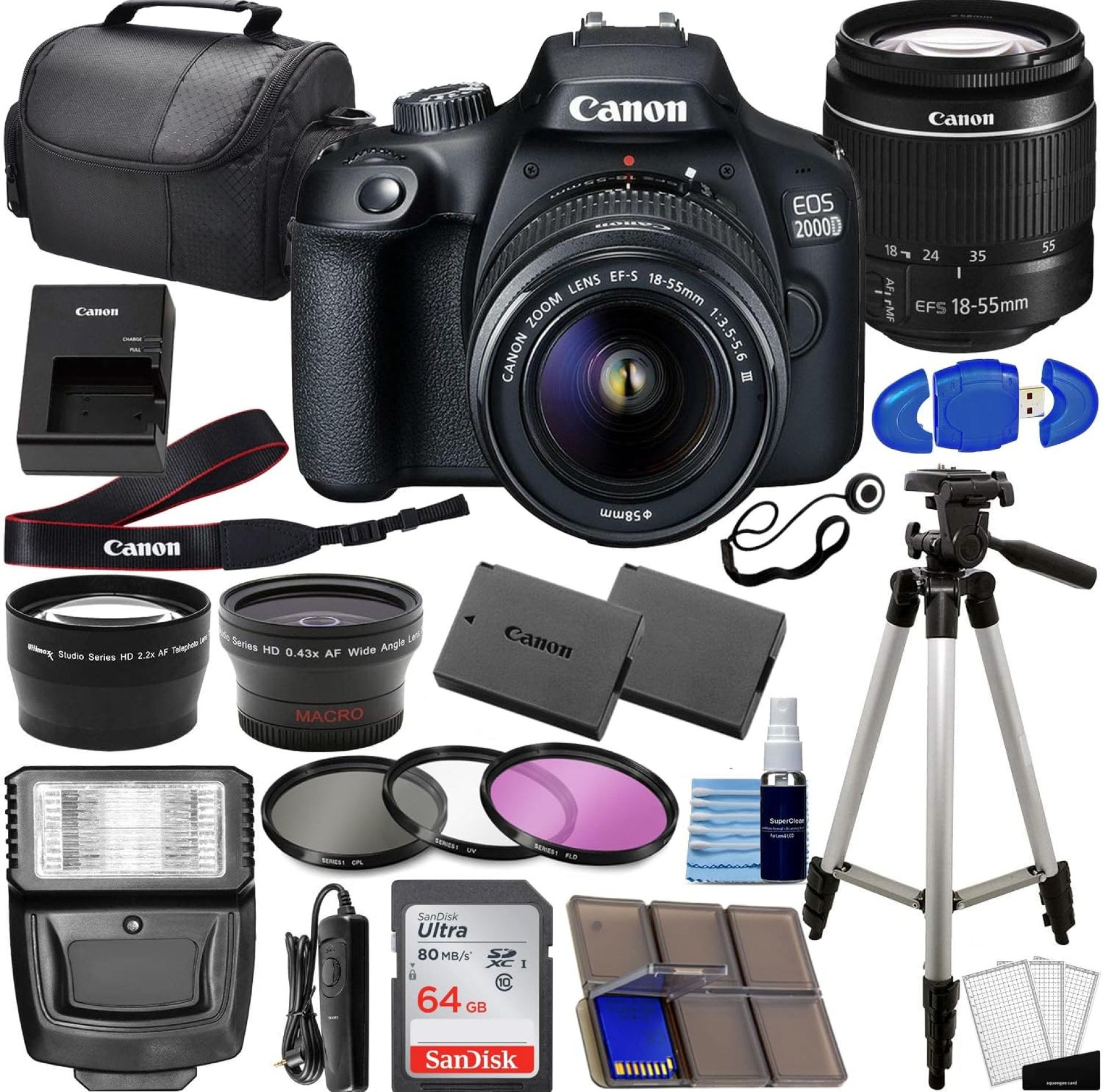 Canon EOS 2000D (Rebel T7) DSLR with 18-55mm Lens 3 Lens Kit Bundled with 64GB Memory Card, Extra Battery, 3PC Filter Kit, Tripod, Case + Complete Photo Bundle – International Model, Black (Renewed) Canon EOS 2000D (Rebel T7) DSLR with 18-55mm Lens 3 Lens Kit Bundled with 64GB Memory Card, Extra Battery, 3PC Filter Kit, Tripod, Case + Complete Photo Bundle – International Model, Black (Renewed)