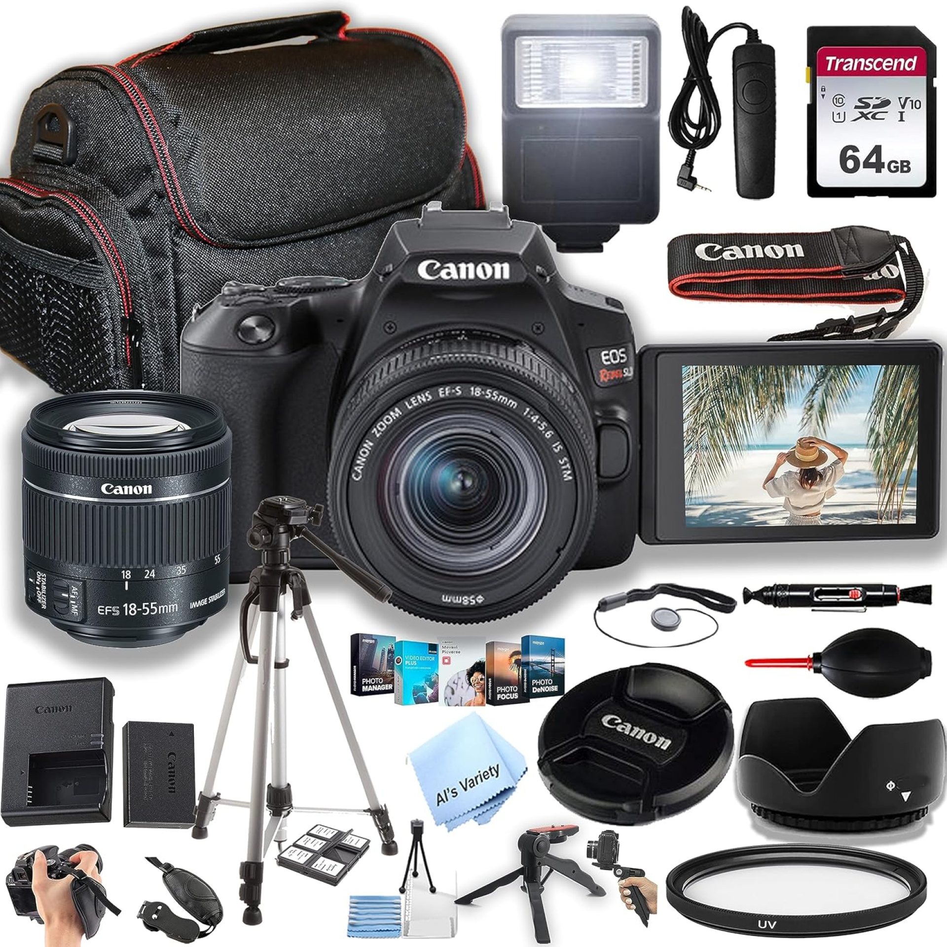 Canon EOS Rebel SL3 DSLR Camera w/EF-S 18-55mm F/4-5.6 STM Zoom Lens + 64GB Memory, Case, Tripod, Flash, Remote, and More (32pc Bundle) (Renewed) Canon EOS Rebel SL3 DSLR Camera w/EF-S 18-55mm F/4-5.6 STM Zoom Lens + 64GB Memory, Case, Tripod, Flash, Remote, and More (32pc Bundle) (Renewed)