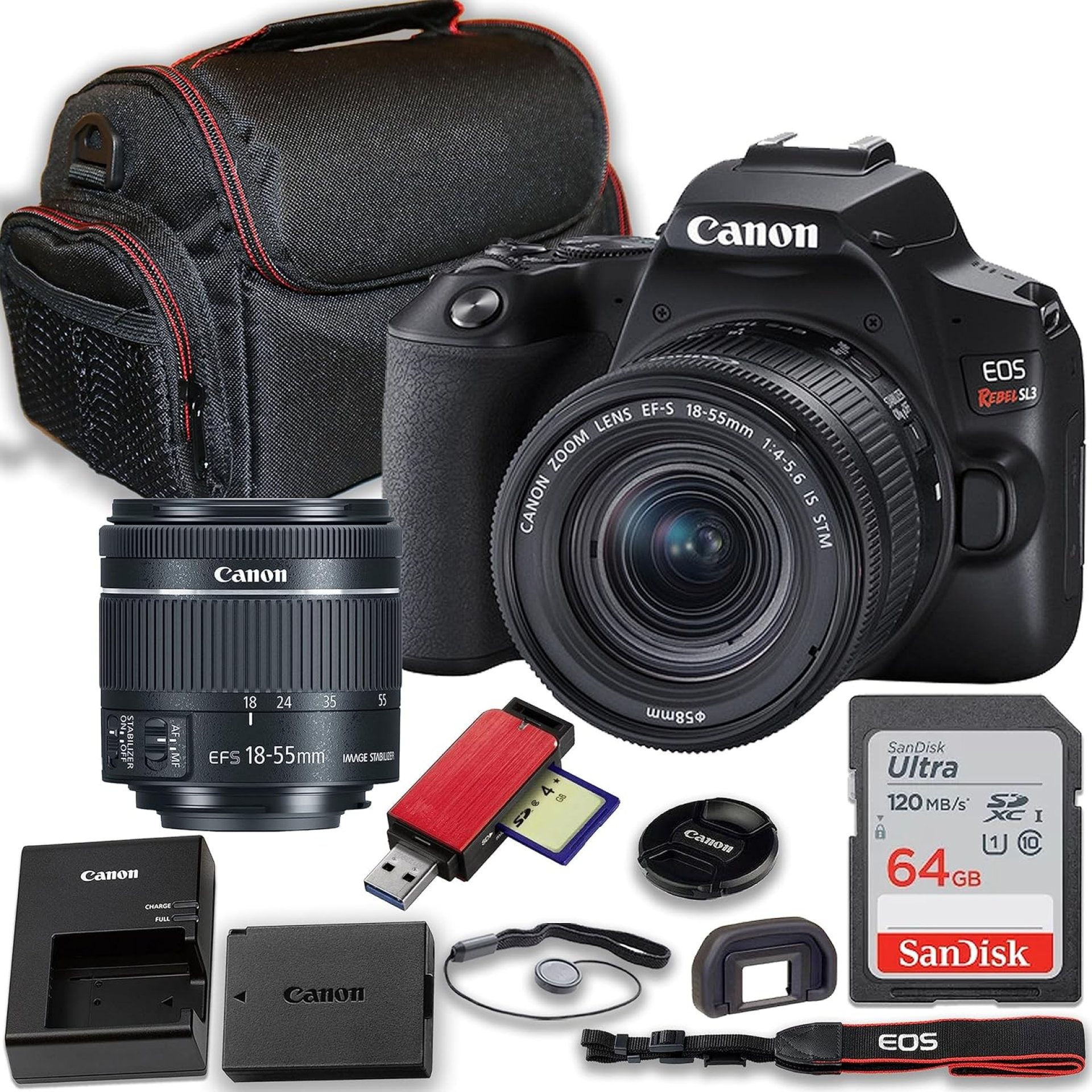 Canon EOS Rebel SL3 DSLR Camera with Canon EF-S 18-55mm f/4-5.6 is STM Lens + 64GB Memory Card + Case, Card Reader & More (Renewed) Canon EOS Rebel SL3 DSLR Camera with Canon EF-S 18-55mm f/4-5.6 is STM Lens + 64GB Memory Card + Case, Card Reader & More (Renewed)