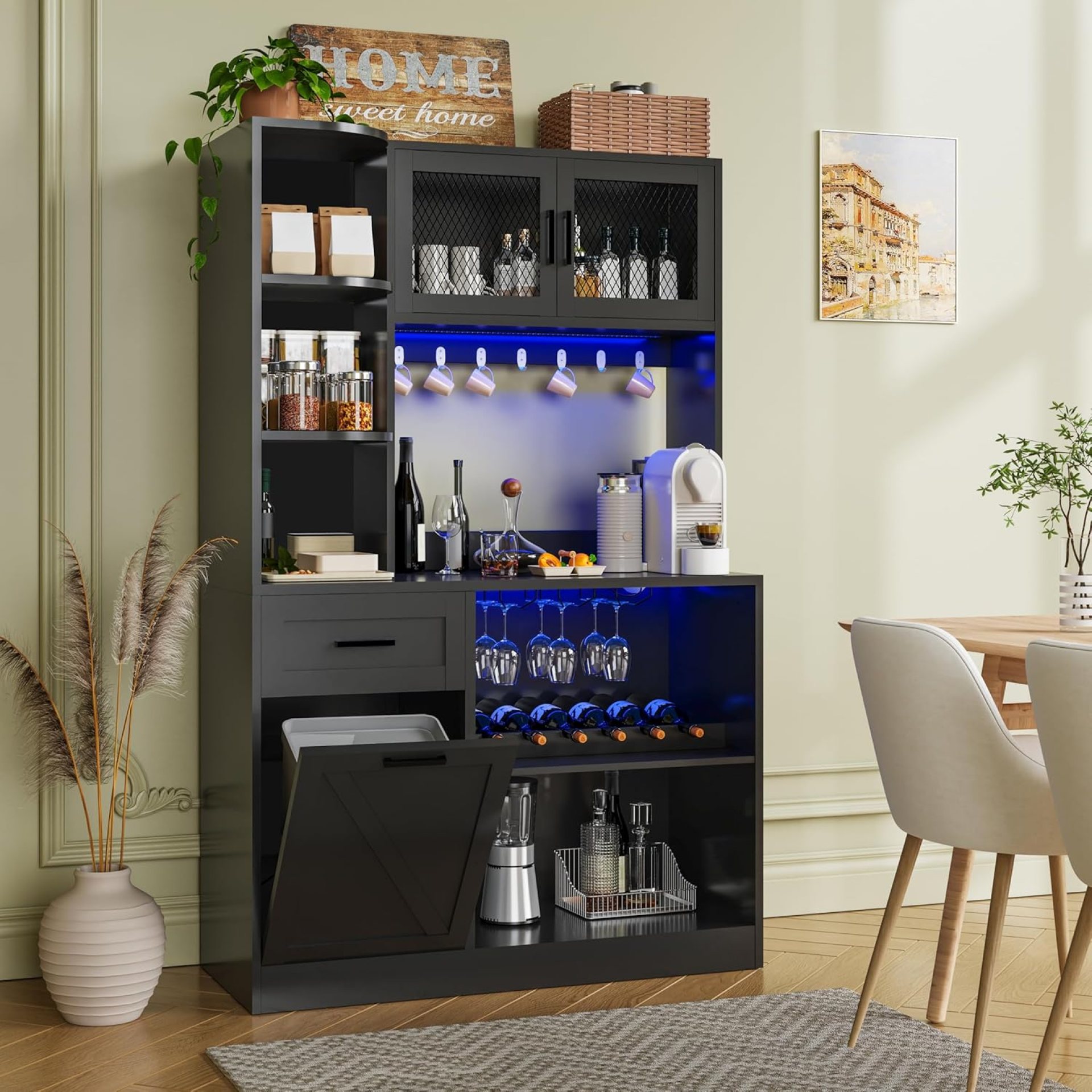 67.3″ Tall Modern Black Kitchen Pantry Storage Cabinet with Drawer and Shelves, Tilt Out Trash Can, Coffee Bar Wine Cabinet with LED Lights and Power Outlet, Wine Glass Rack, 2 Mesh Doors 67.3″ Tall Modern Black Kitchen Pantry Storage Cabinet with Drawer and Shelves, Tilt Out Trash Can, Coffee Bar Wine Cabinet with LED Lights and Power Outlet, Wine Glass Rack, 2 Mesh Doors