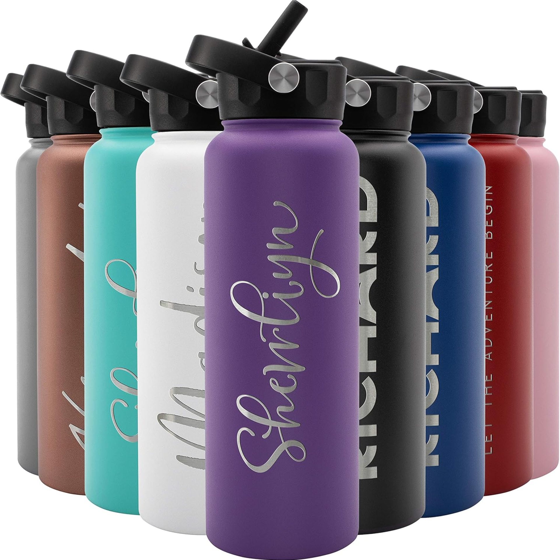 Amazing Items Personalized Water Bottle w/Straw & Lid, 40 oz – Purple | Custom Large Stainless Steel Sports Water Bottle w/Name and Text – Double-Wall, Vacuum Insulated – Rotating Handle Amazing Items Personalized Water Bottle w/Straw & Lid, 40 oz – Purple | Custom Large Stainless Steel Sports Water Bottle w/Name and Text – Double-Wall, Vacuum Insulated – Rotating Handle